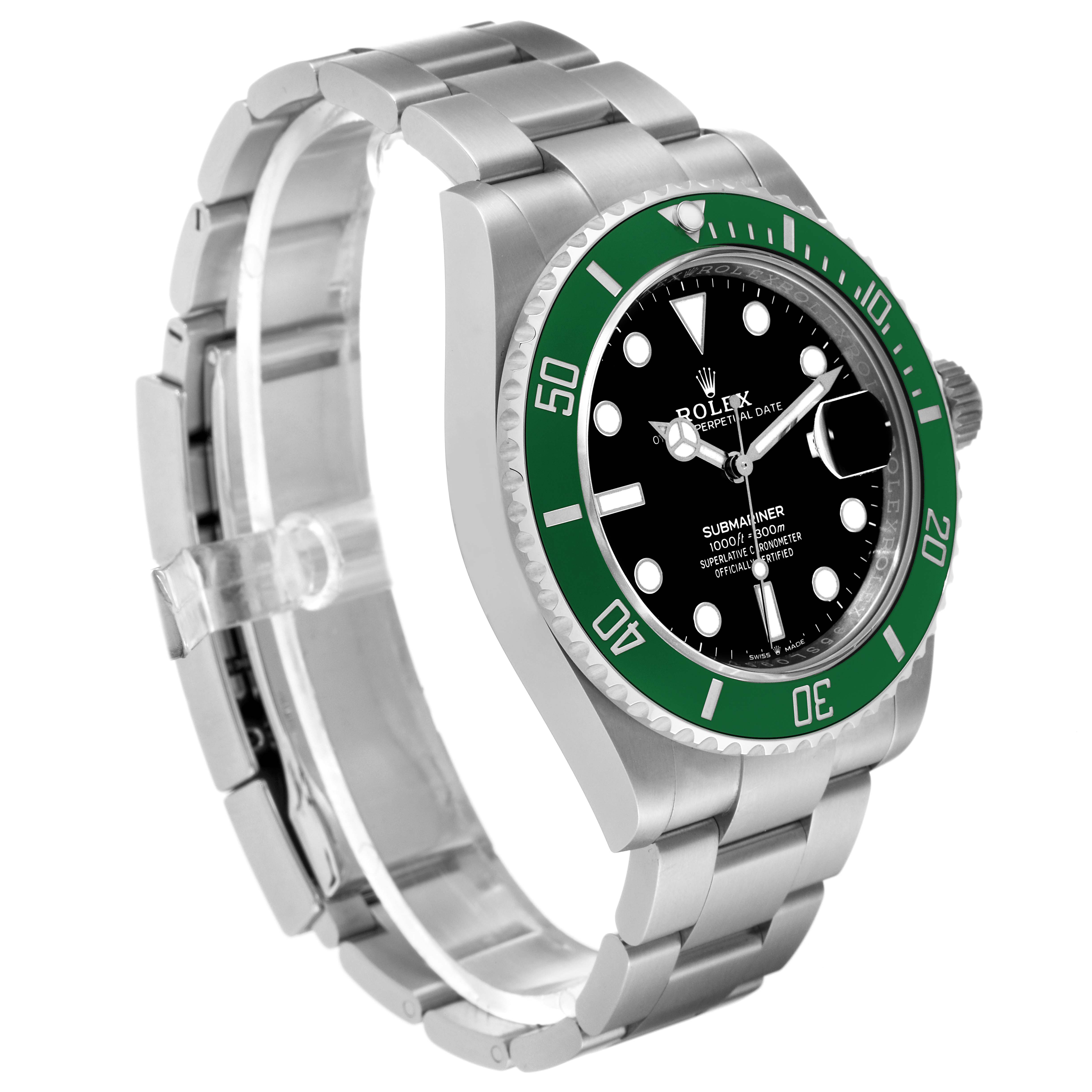 The image shows a side angle of the Rolex Submariner 126610LV Men
s Stainless Steel Black Dial 126610LV Men
s Stainless Steel Black Dial watch with its green bezel, black dial, and stainless steel bracelet.