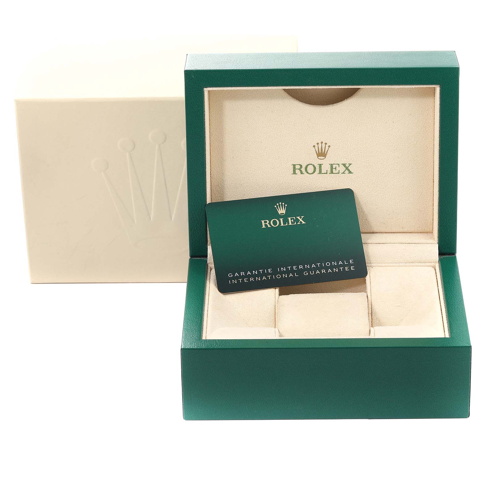 The image shows the packaging for a Rolex Submariner 126610LV Men
s Stainless Steel Black Dial 126610LV Men
s Stainless Steel Black Dial, including the green watch box and guarantee card.
