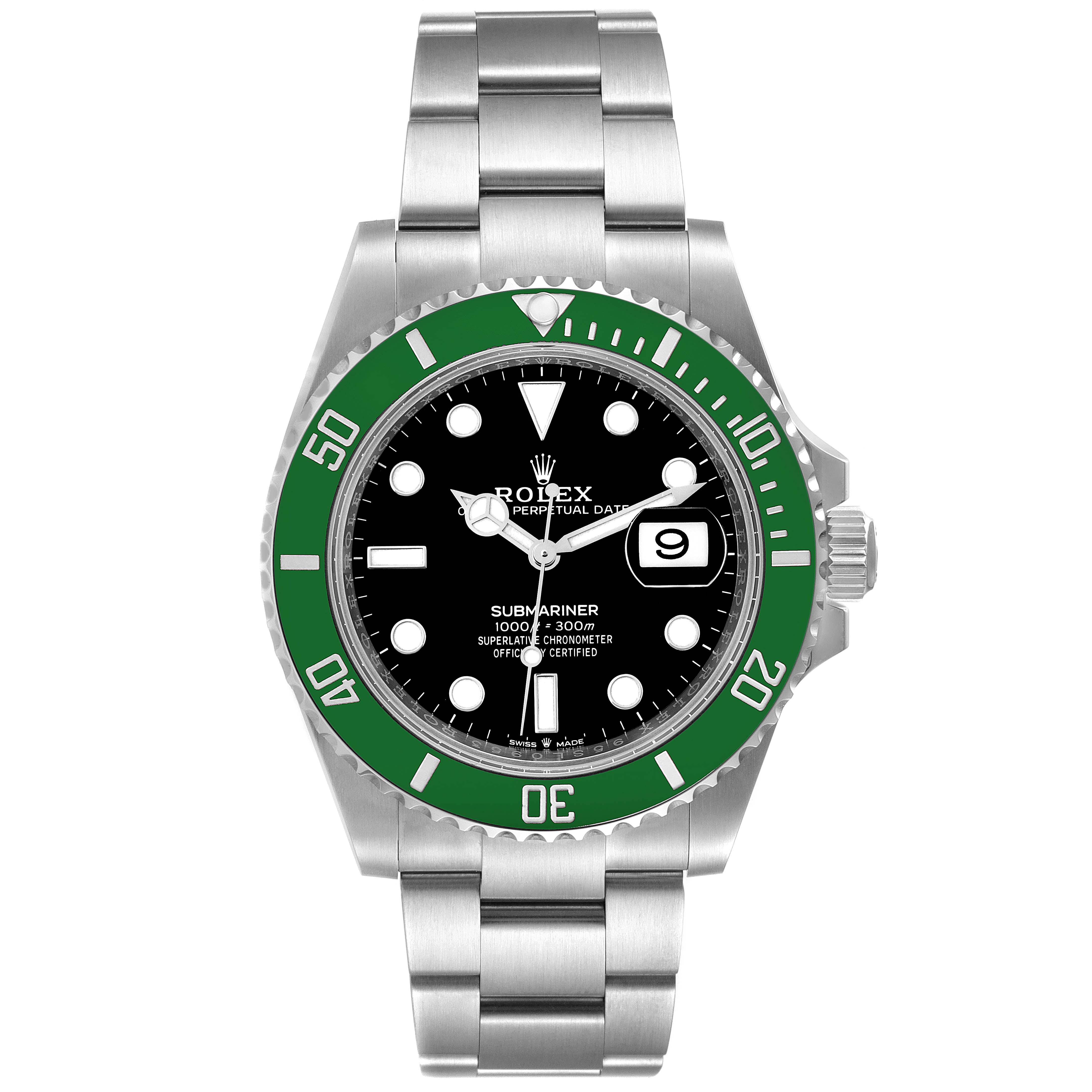This image shows a front view of the Rolex Submariner 126610LV Men
s Stainless Steel Black Dial 126610LV Men
s Stainless Steel Black Dial watch, highlighting its green bezel, black dial, and silver bracelet.