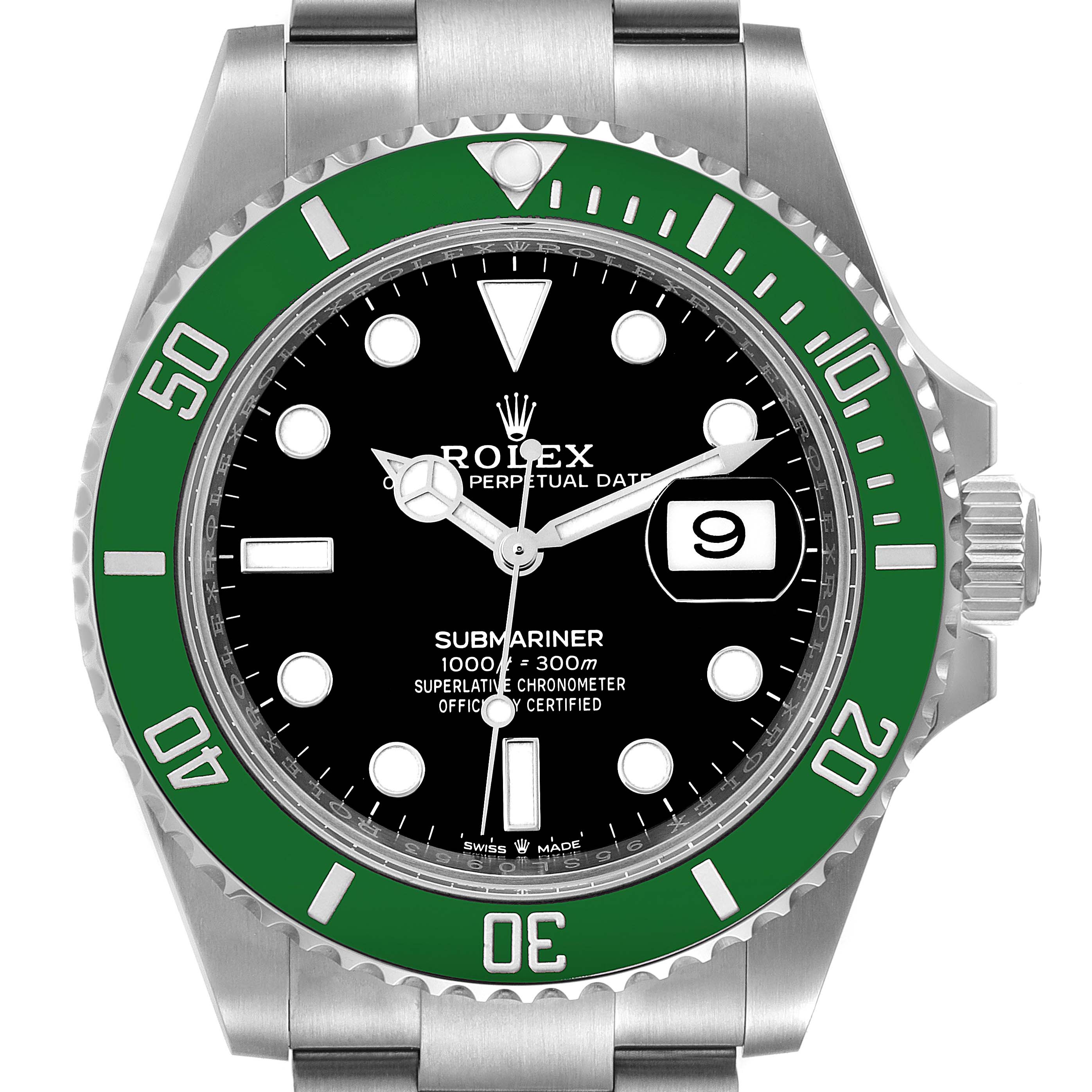This is a front view of the Rolex Submariner 126610LV Men
s Stainless Steel Black Dial 126610LV Men
s Stainless Steel Black Dial watch, showcasing its green bezel, black dial, and date window at 3 o
clock.