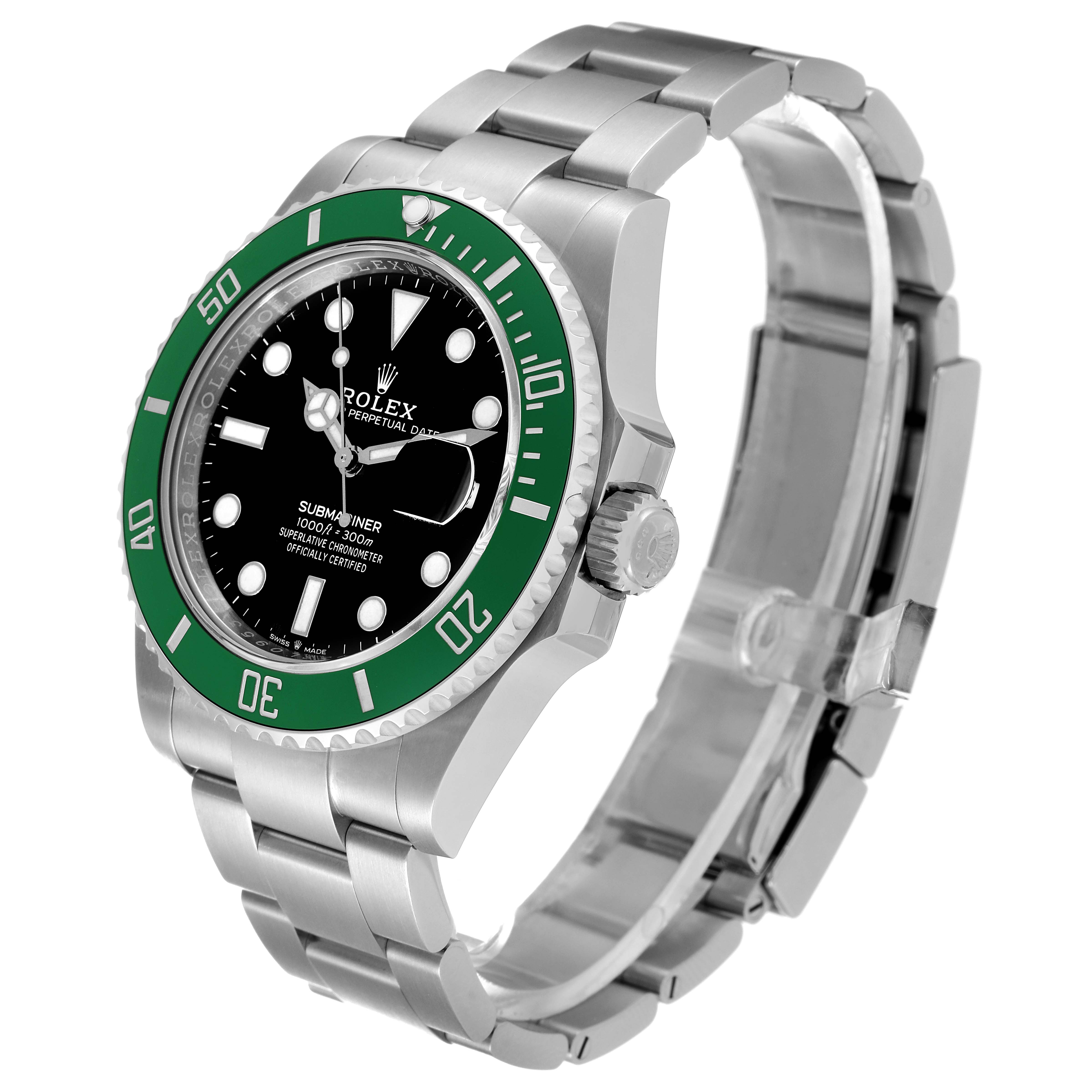 This image shows a Rolex Submariner 126610LV Men
s Stainless Steel Black Dial 126610LV Men
s Stainless Steel Black Dial watch with a green bezel and black dial, viewed from a three-quarter angle.