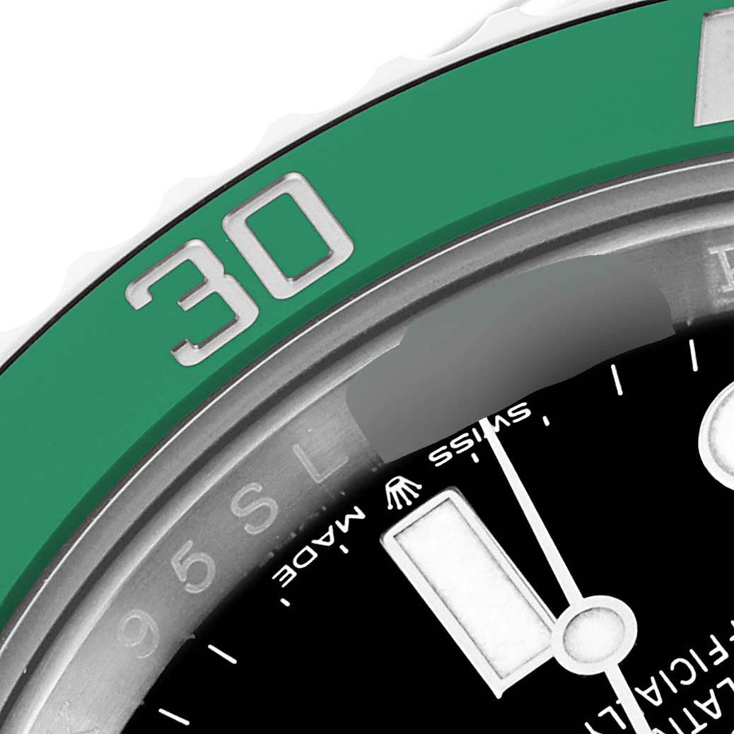 The image shows a close-up of the bezel and dial of a Rolex Submariner 126610LV Men
s Stainless Steel Black Dial 126610LV Men
s Stainless Steel Black Dial, highlighting the 30-minute mark on the green bezel.