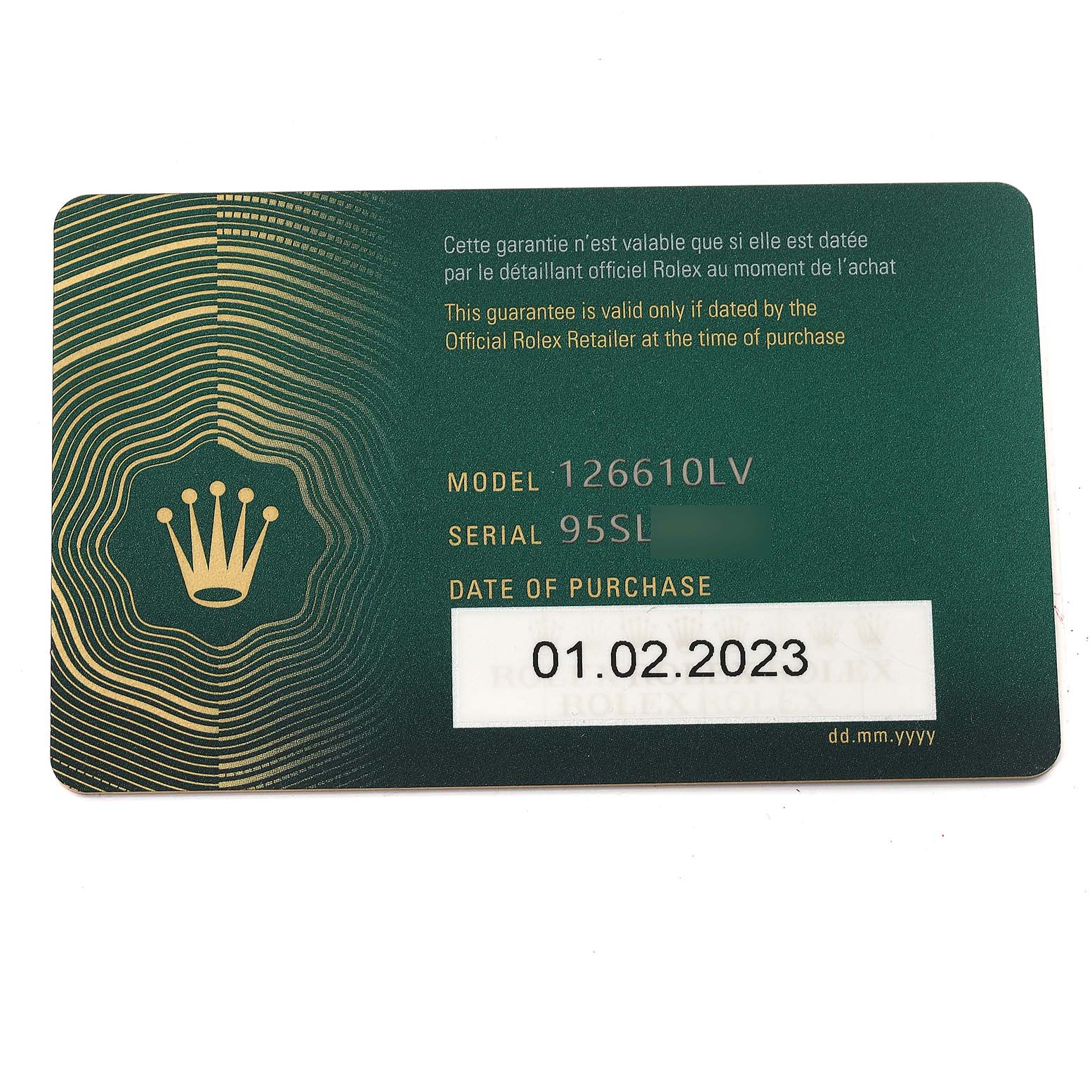 This image displays a green warranty card for the Rolex Submariner 126610LV Men
s Stainless Steel Black Dial 126610LV Men
s Stainless Steel Black Dial model 126610LV, including the serial number and date of purchase.