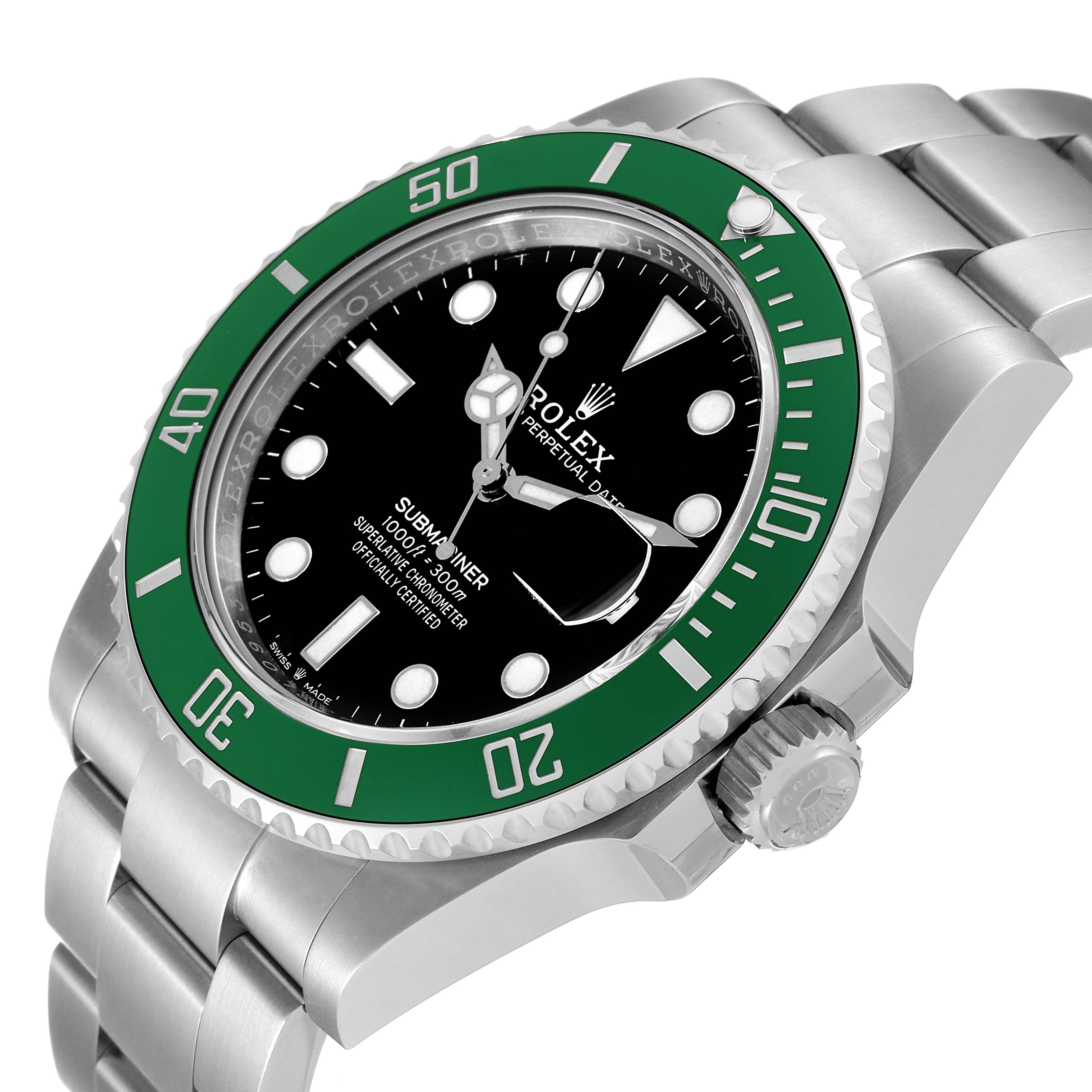 This image shows a Rolex Submariner 126610LV Men
s Stainless Steel Black Dial 126610LV Men
s Stainless Steel Black Dial watch angled from the front-left, highlighting the green bezel, black dial, and stainless steel bracelet.