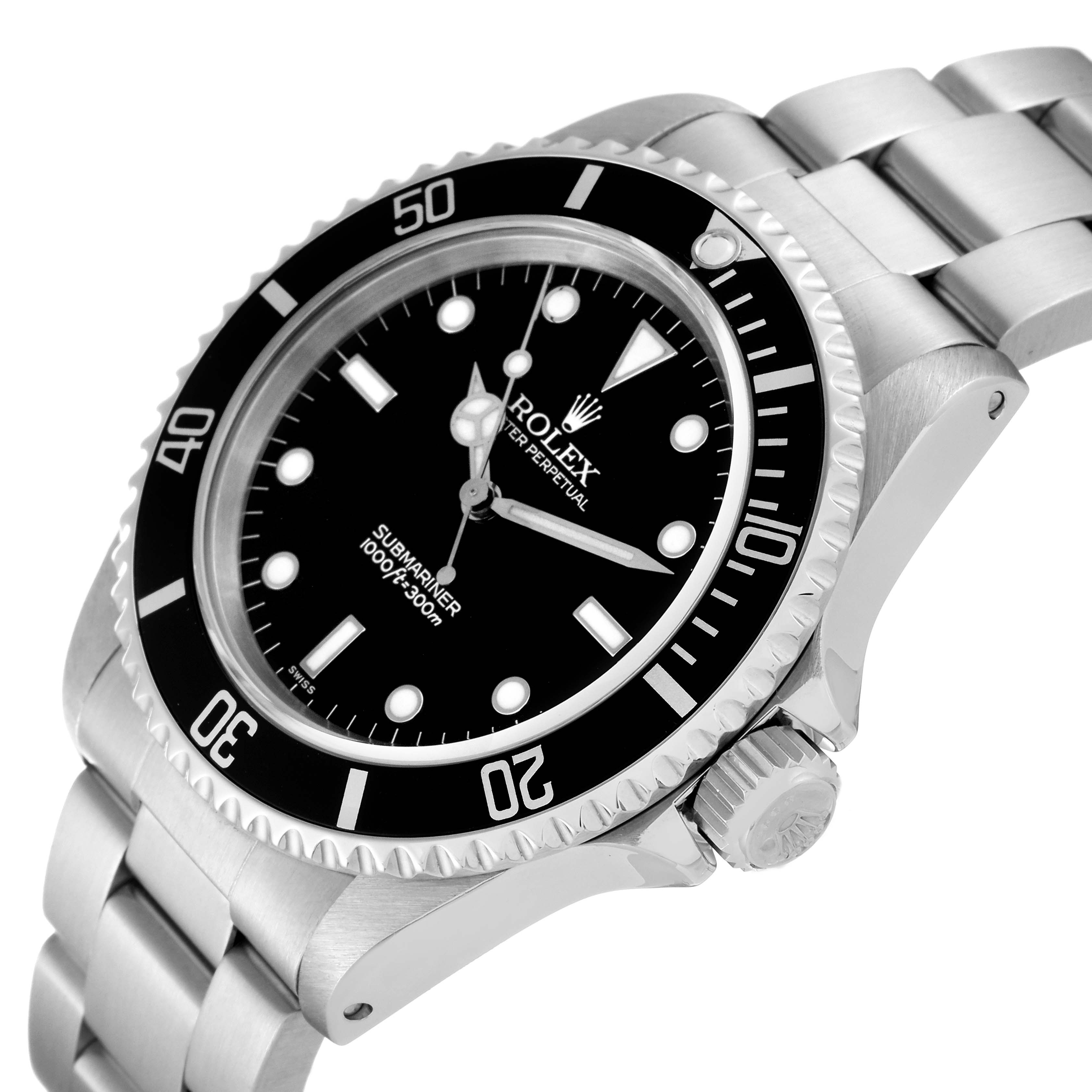 The Rolex Submariner 14060 Men
s Stainless Steel Black Dial 14060 Men
s Stainless Steel Black Dial watch is shown at an angle highlighting its dial, bezel, crown, and bracelet.
