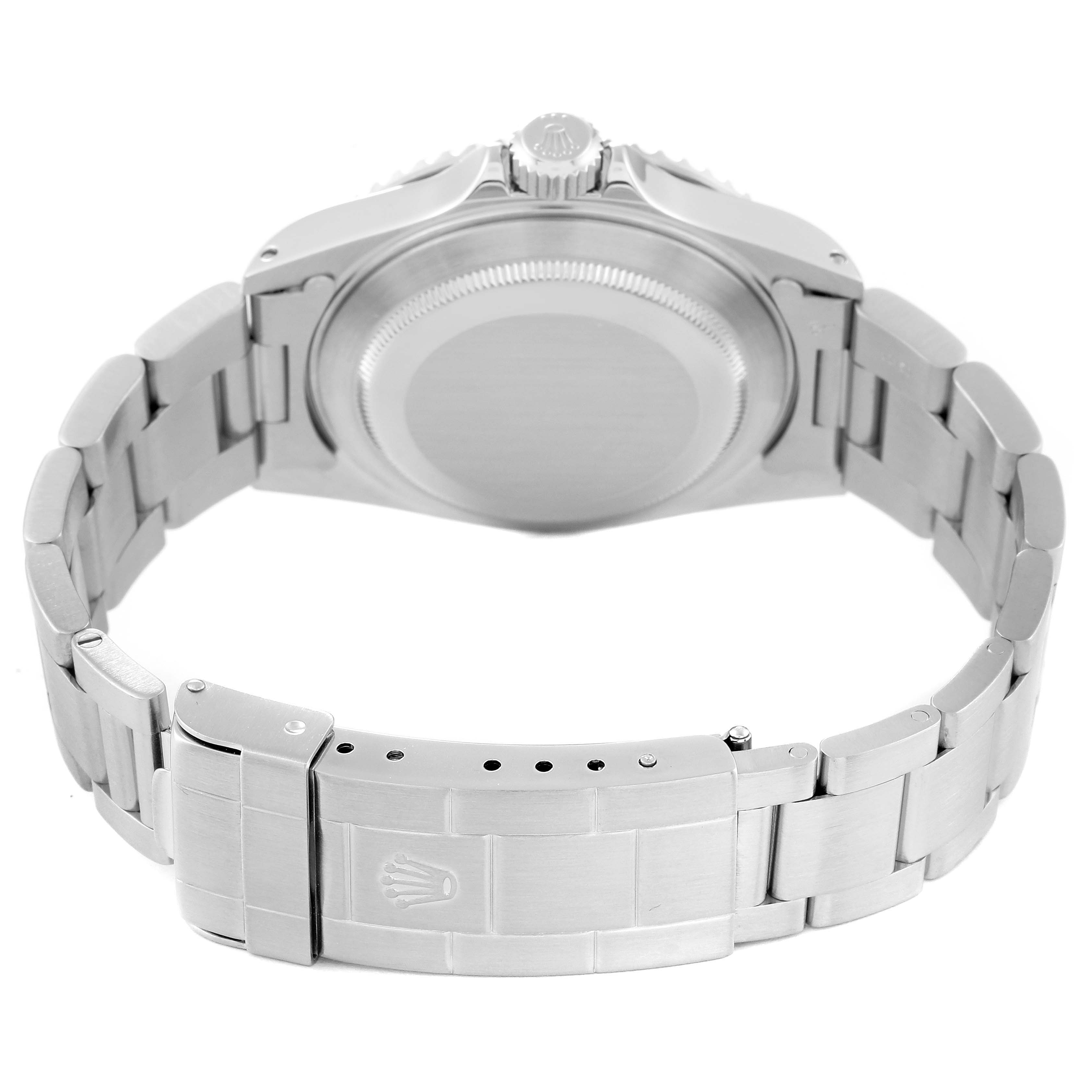 The image shows the back view of a Rolex Submariner 14060 Men
s Stainless Steel Black Dial 14060 Men
s Stainless Steel Black Dial watch, highlighting the clasp and case back.