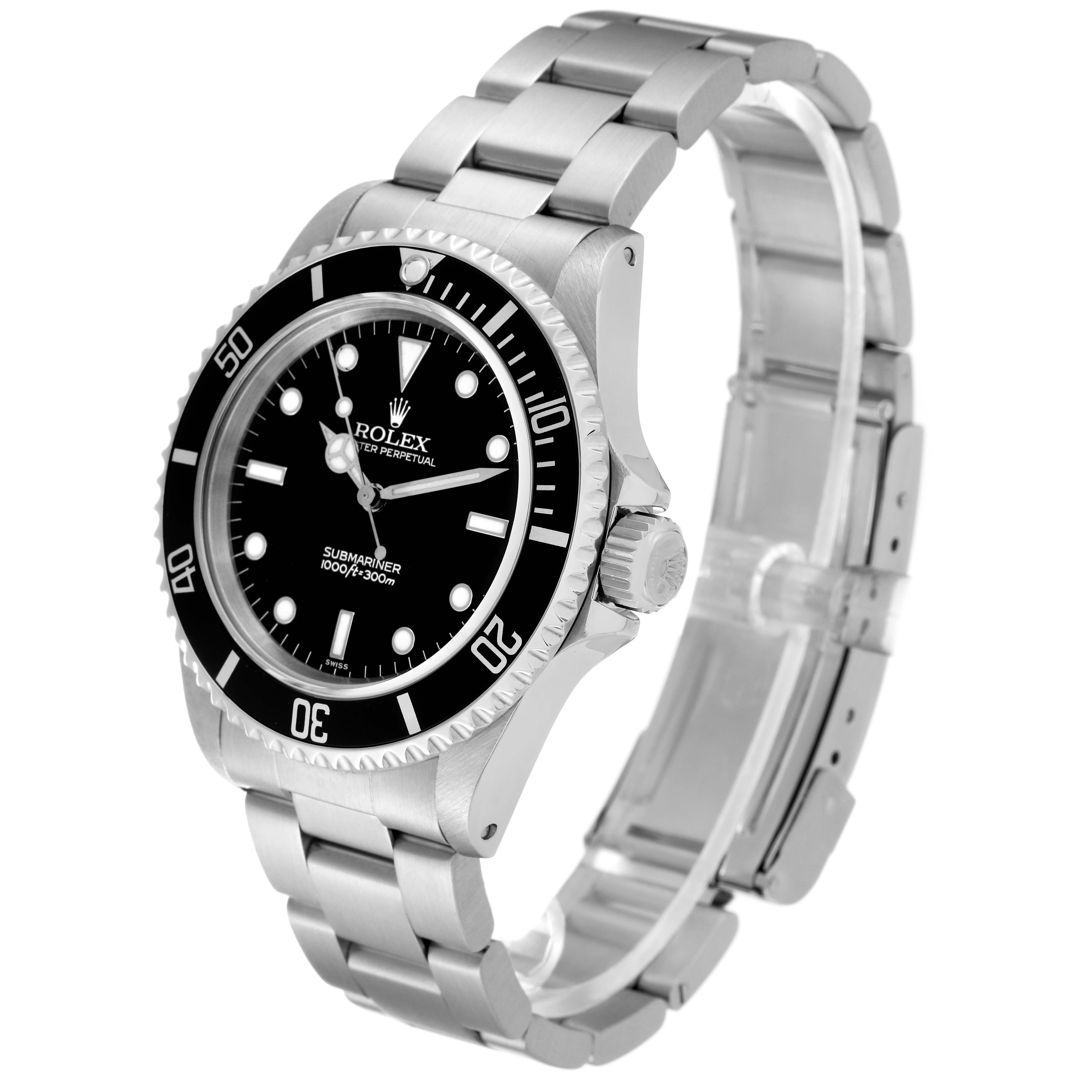 The image shows a side-angle view of the entire Rolex Submariner 14060 Men
s Stainless Steel Black Dial 14060 Men
s Stainless Steel Black Dial watch, including the face, bezel, crown, and stainless steel bracelet.