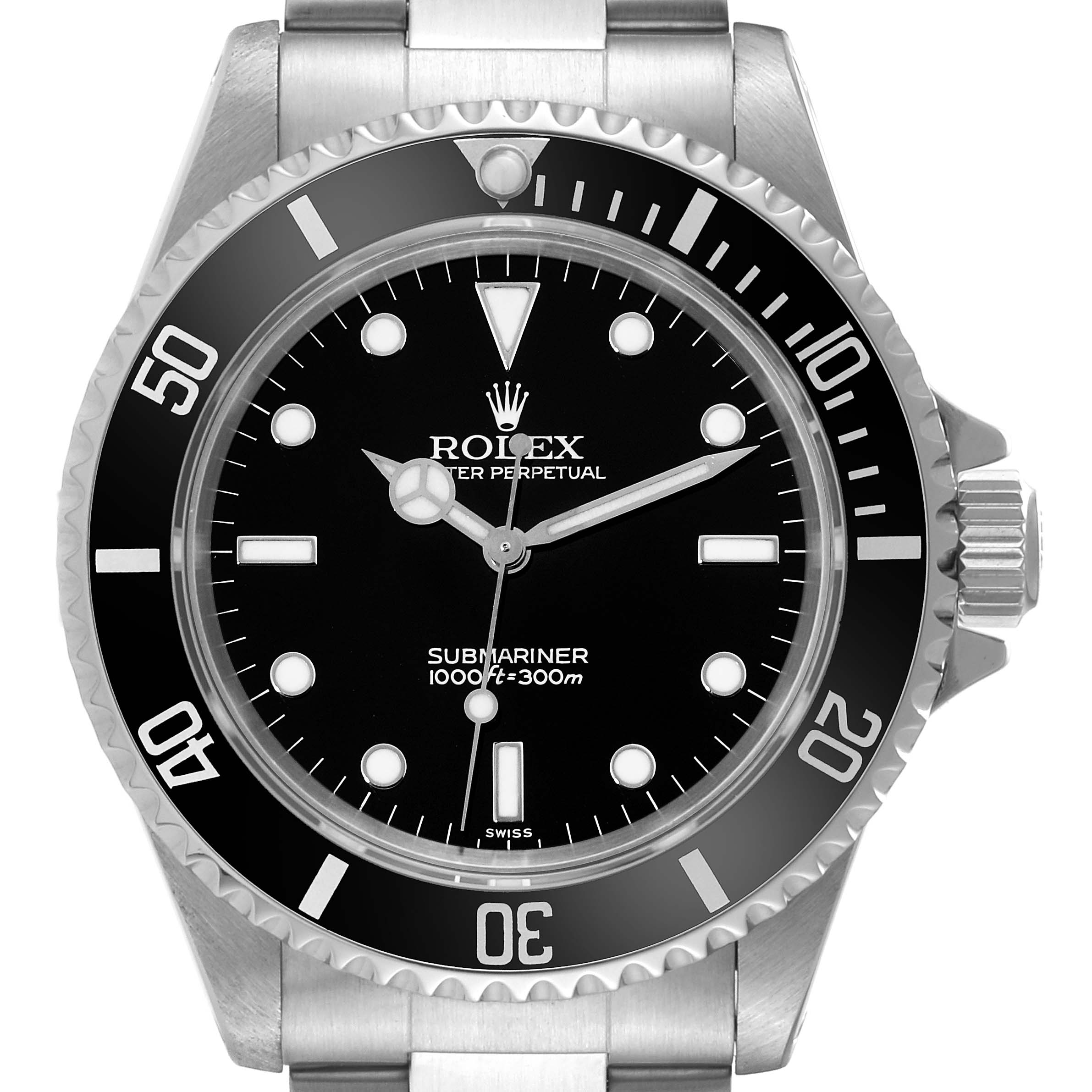 The image shows a front view of the Rolex Submariner 14060 Men
s Stainless Steel Black Dial 14060 Men
s Stainless Steel Black Dial, highlighting its black dial, bezel, and stainless steel bracelet.