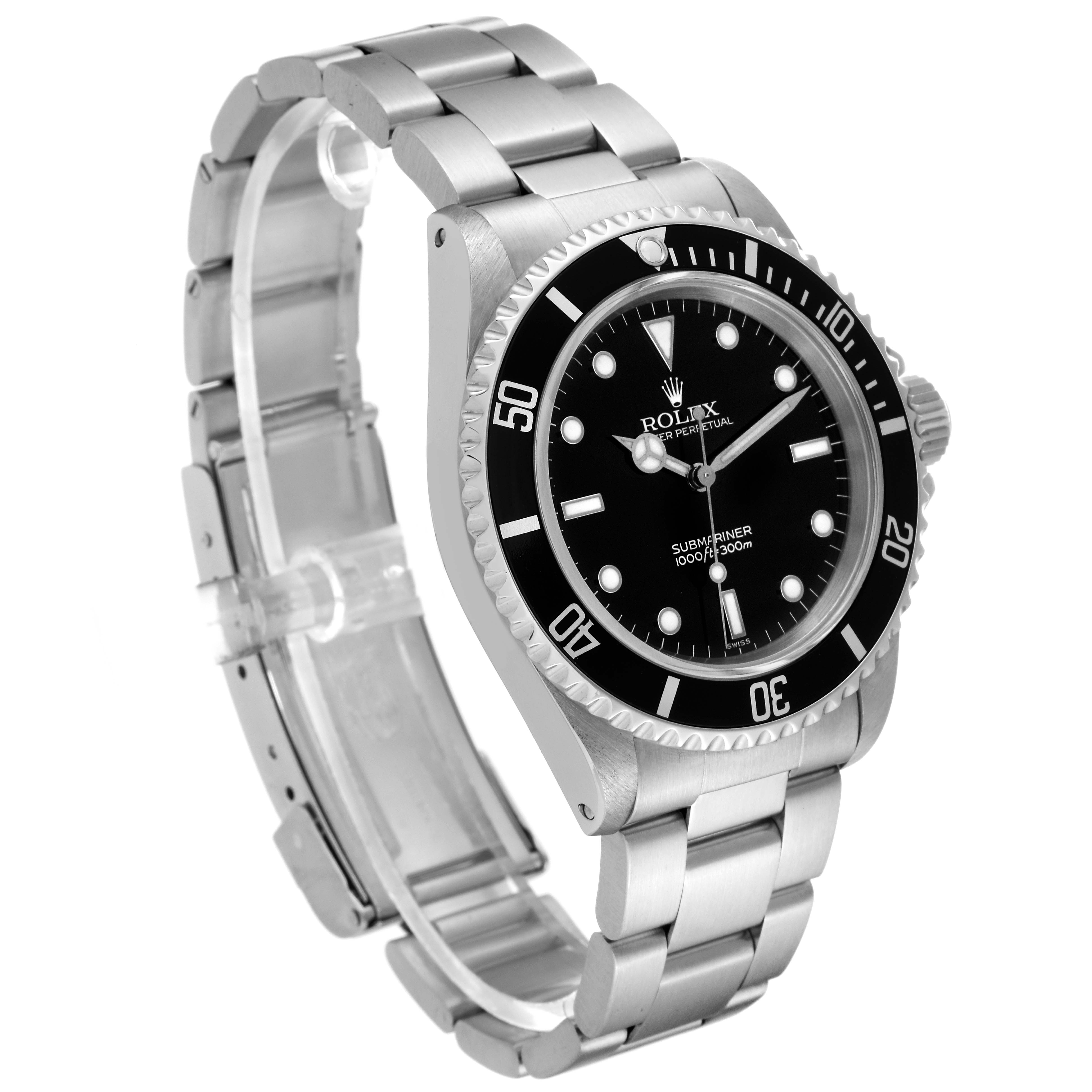 The image shows a side-angle view of the Rolex Submariner 14060 Men
s Stainless Steel Black Dial 14060 Men
s Stainless Steel Black Dial, highlighting its face, bezel, crown, and bracelet.