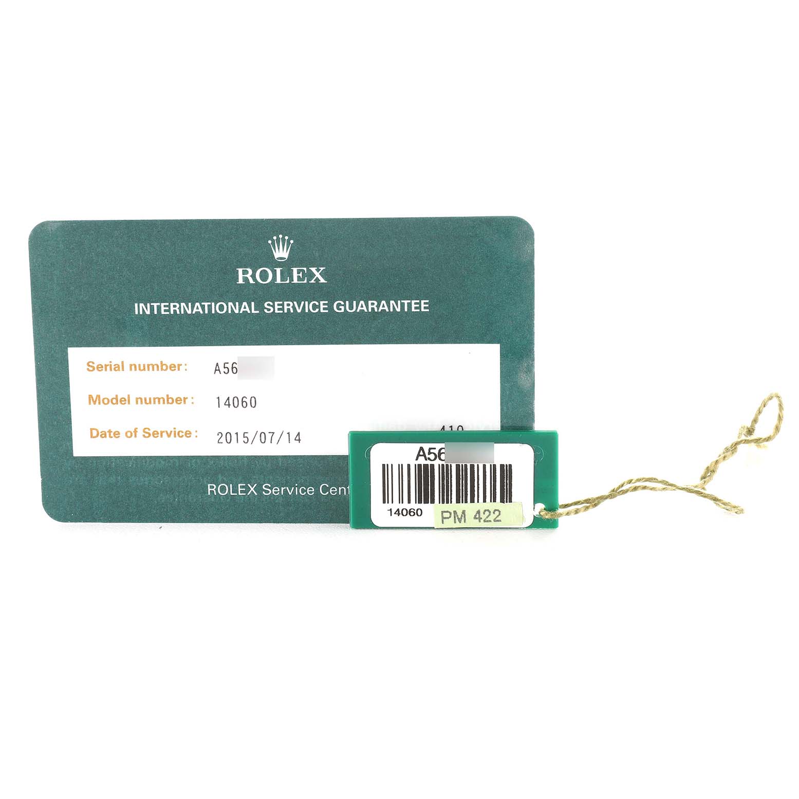 The image shows a Rolex Submariner 14060 Men
s Stainless Steel Black Dial 14060 Men
s Stainless Steel Black Dial service guarantee card and a green tag with the model number.