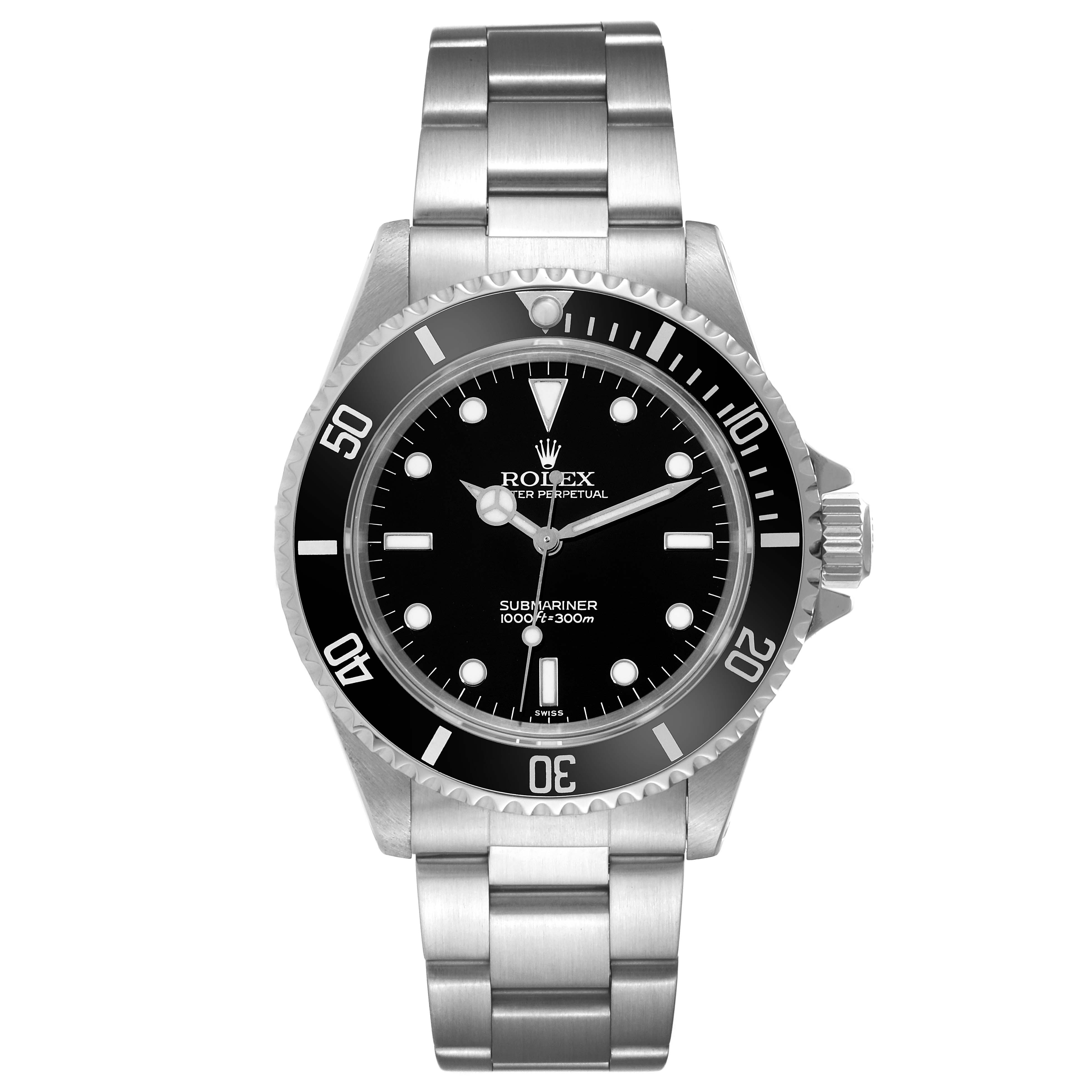 The image shows a front view of the Rolex Submariner 14060 Men
s Stainless Steel Black Dial 14060 Men
s Stainless Steel Black Dial watch, including the dial, bezel, and bracelet.