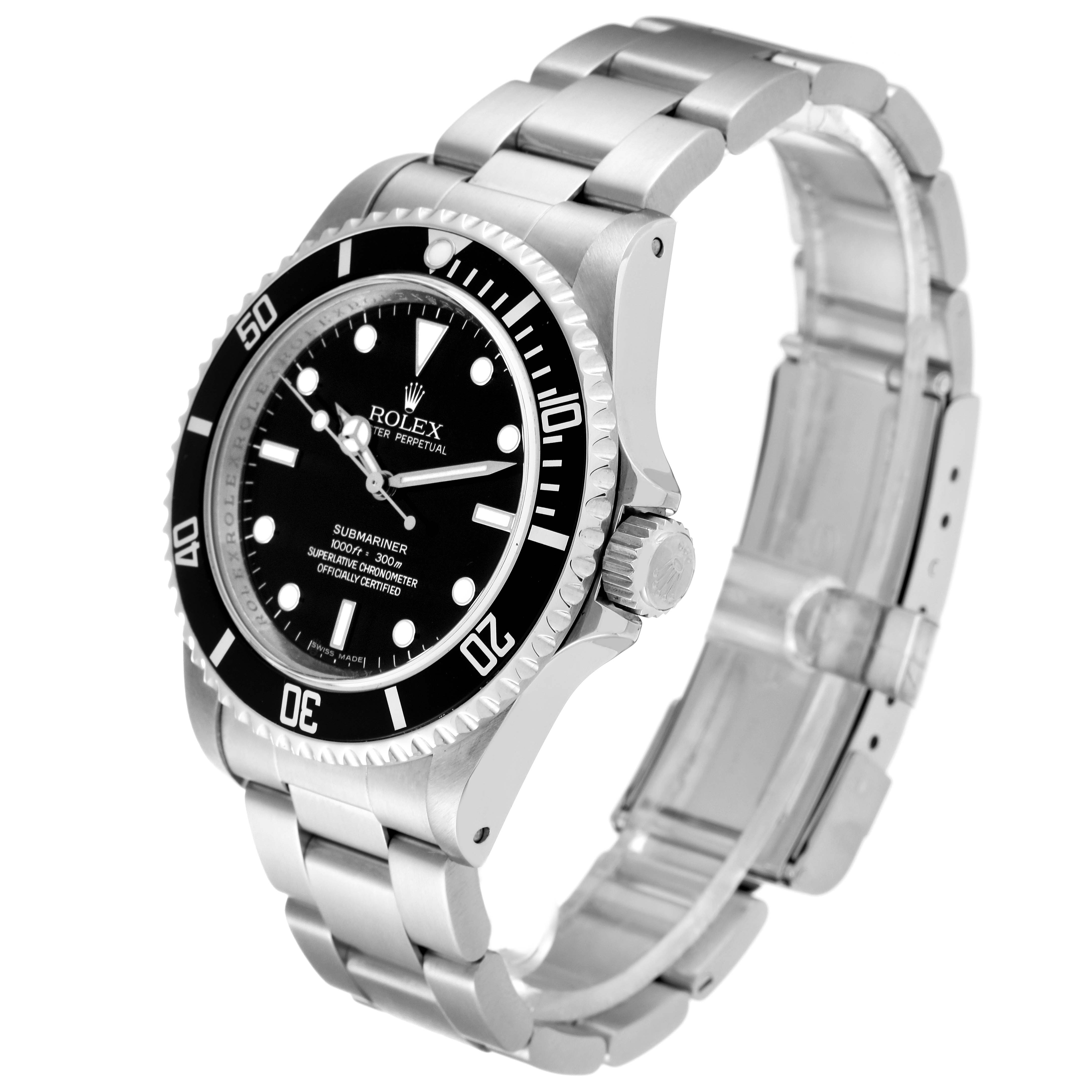 The image shows a side and frontal angle of a Rolex Submariner 14060M Men's Stainless Steel Black Dial 14060M Men's Stainless Steel Black Dial watch, highlighting its bezel, face, bracelet, and clasp.