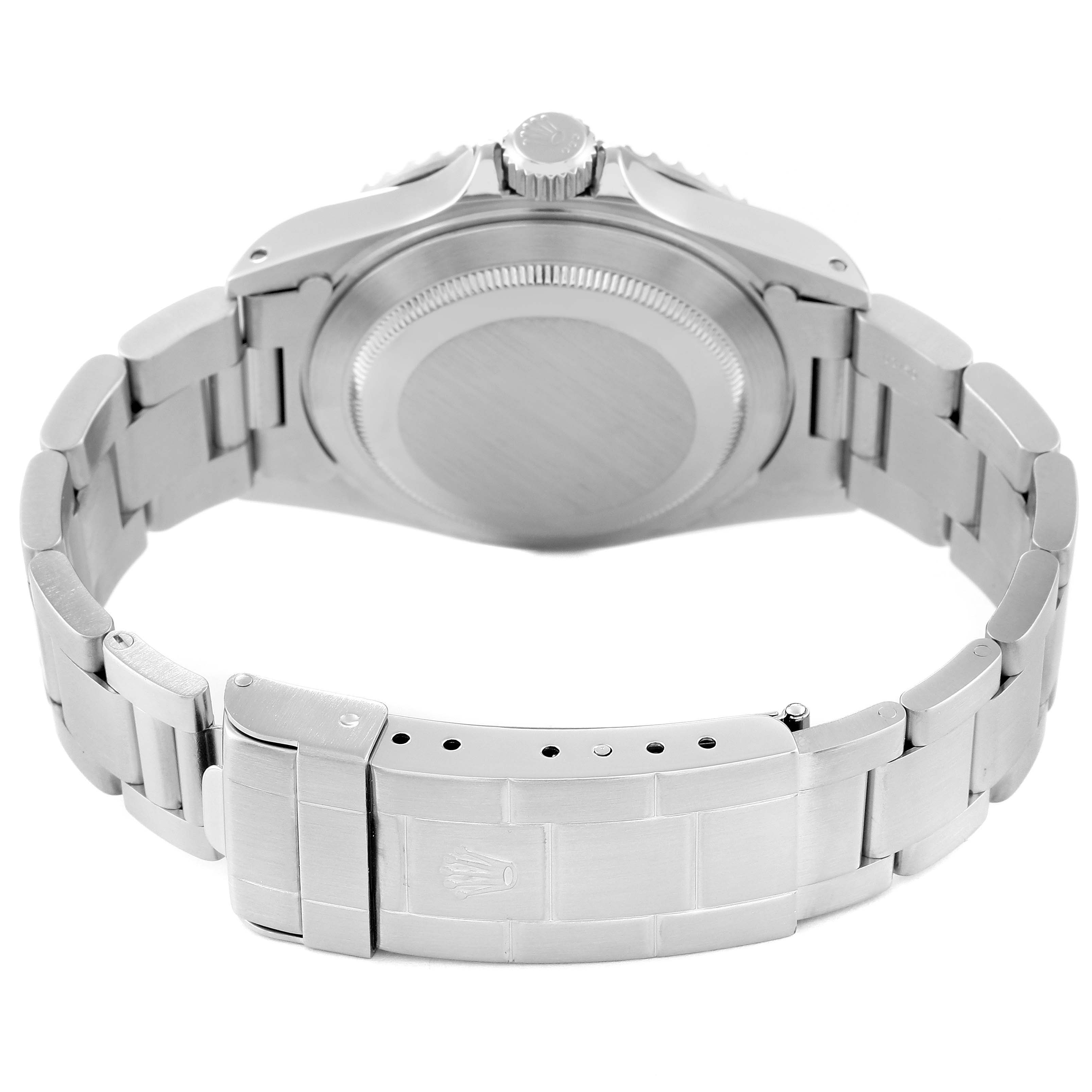 This image shows the rear view of the Rolex Submariner 14060M Men's Stainless Steel Black Dial 14060M Men's Stainless Steel Black Dial watch, highlighting the case back and metal bracelet clasp.