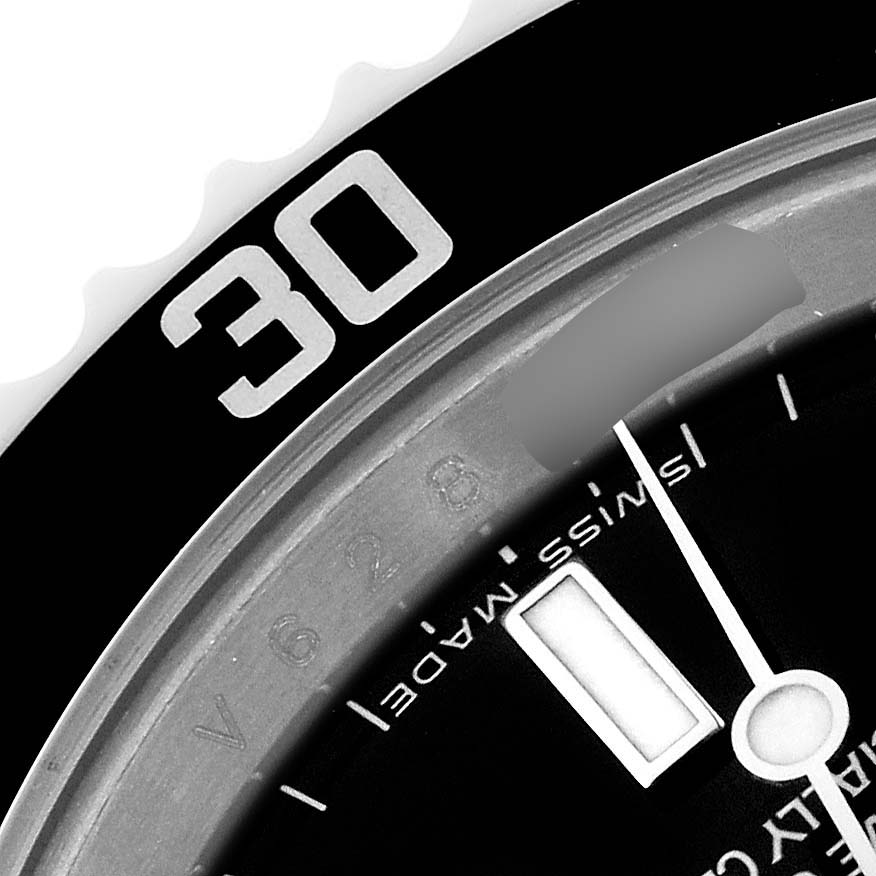 The image shows a close-up of the bezel and dial of a Rolex Submariner 14060M Men's Stainless Steel Black Dial 14060M Men's Stainless Steel Black Dial watch at the 30-minute mark angle.