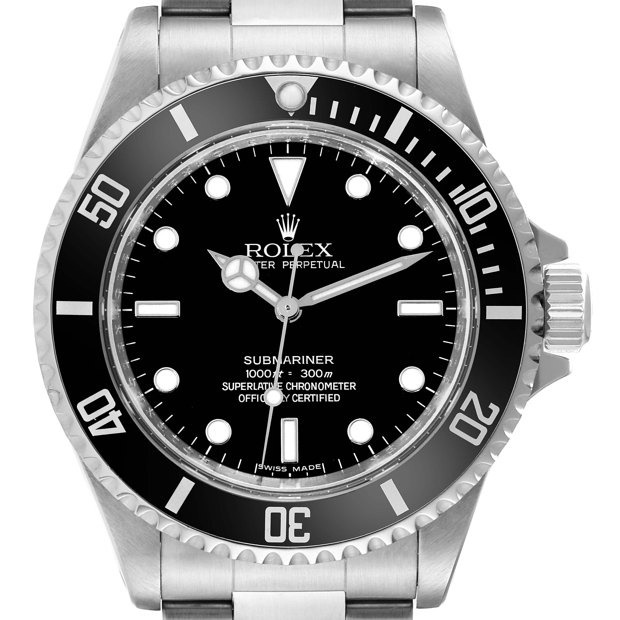 The image shows a frontal view of the Rolex Submariner 14060M Men's Stainless Steel Black Dial 14060M Men's Stainless Steel Black Dial watch, displaying its face, bezel, and part of the stainless steel bracelet.