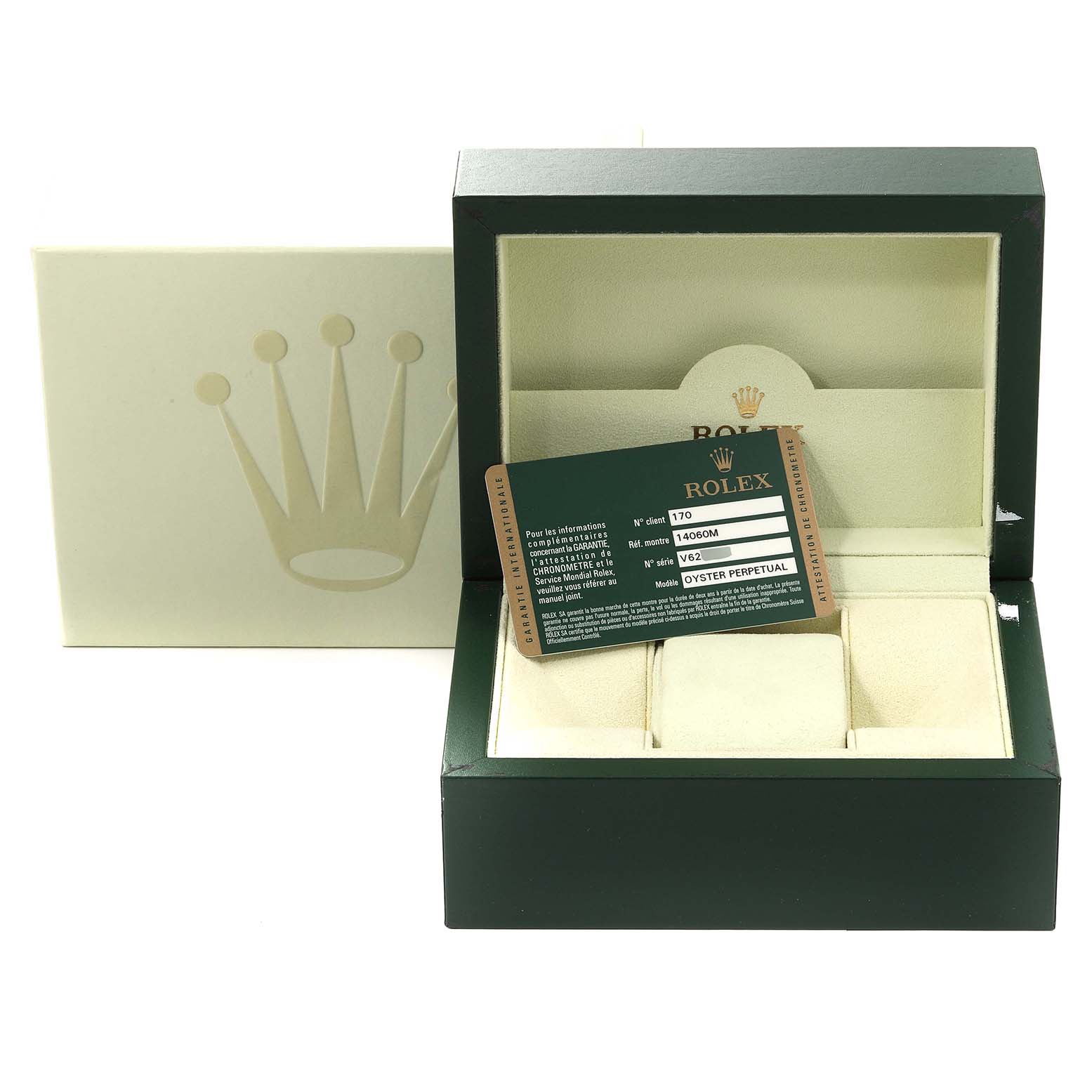 The image shows an open Rolex Submariner 14060M Men's Stainless Steel Black Dial 14060M Men's Stainless Steel Black Dial watch box with a warranty card placed inside.