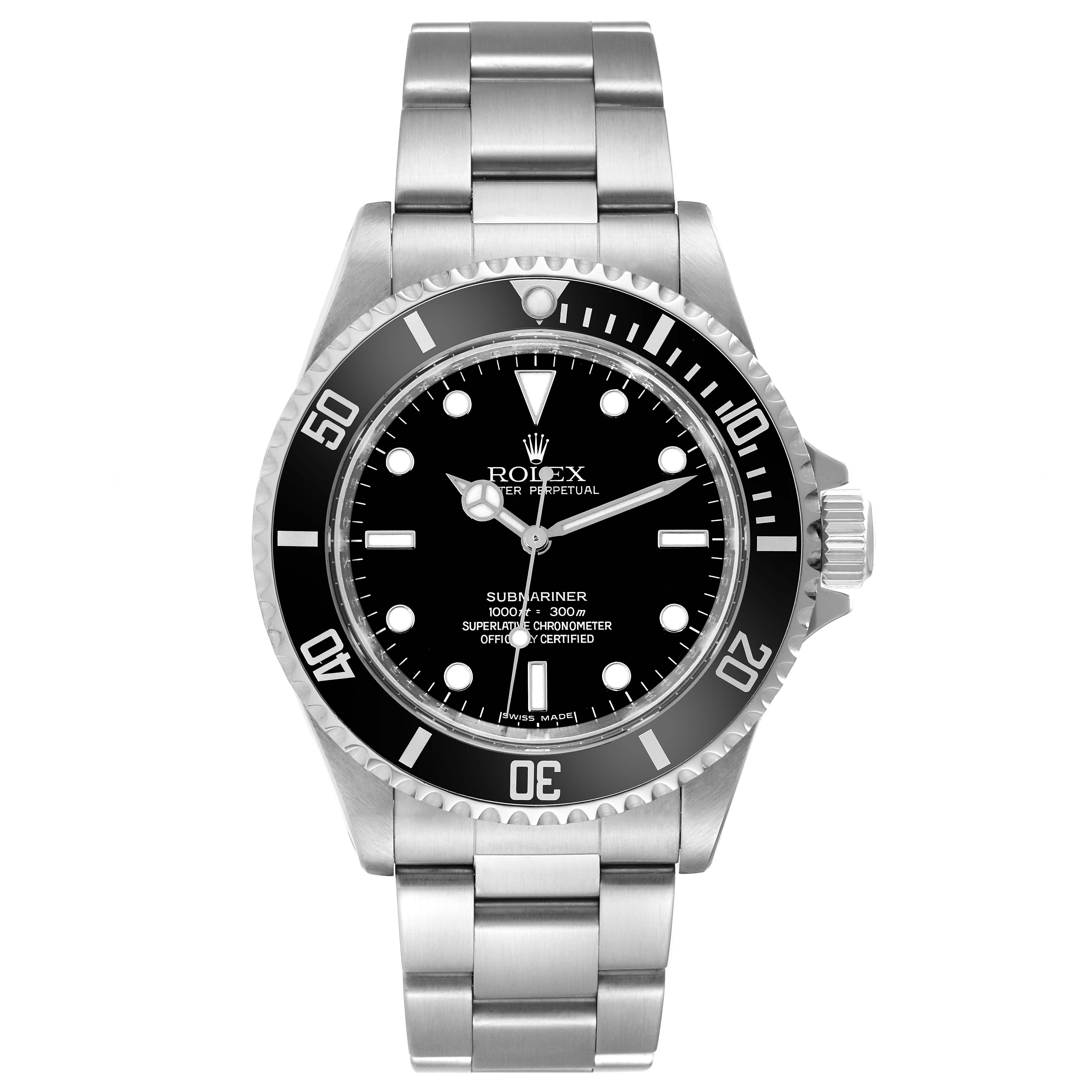 The Rolex Submariner 14060M Men's Stainless Steel Black Dial 14060M Men's Stainless Steel Black Dial watch is shown from a front view, displaying the dial, bezel, and bracelet.