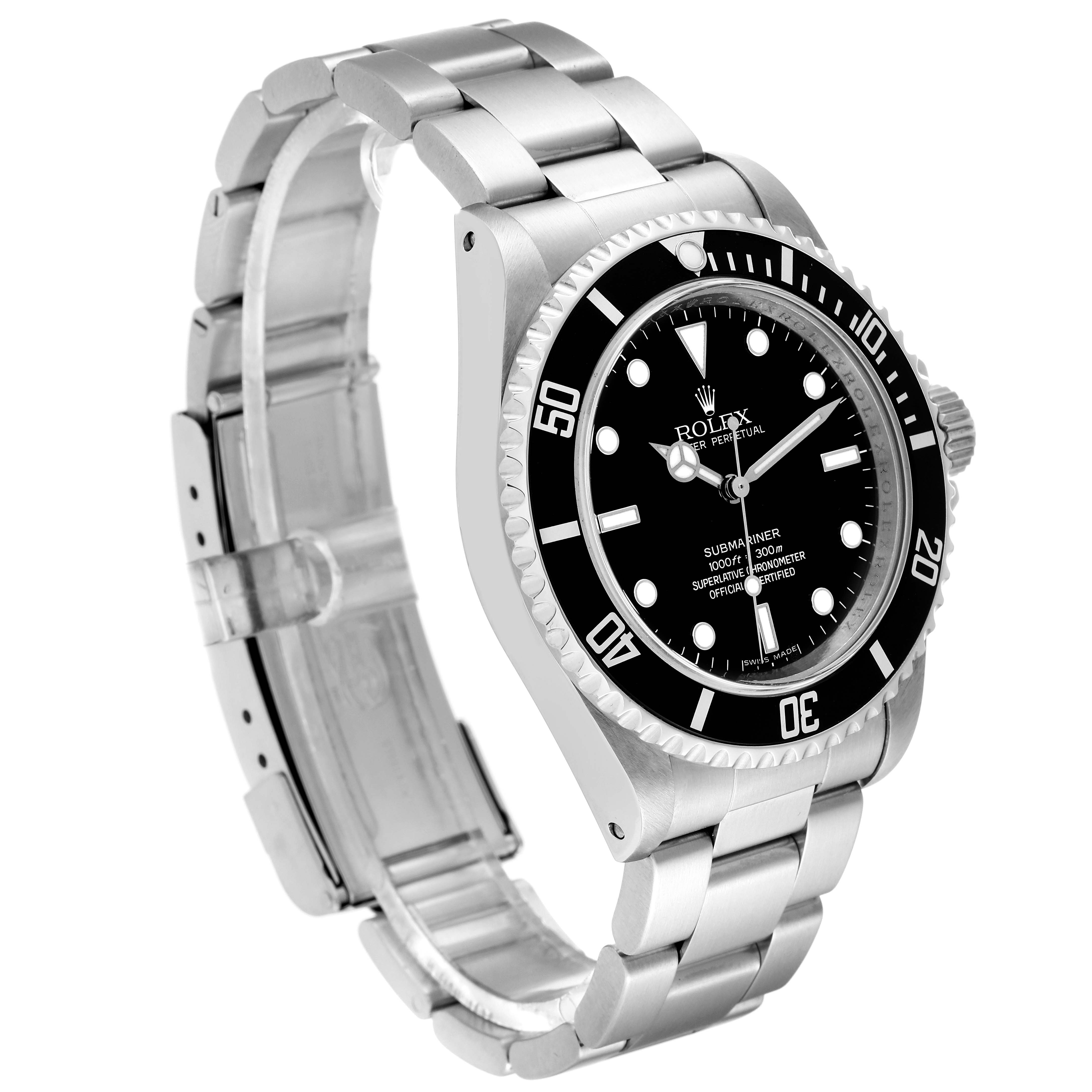 The image shows a Rolex Submariner 14060M Men's Stainless Steel Black Dial 14060M Men's Stainless Steel Black Dial watch, angled to display its face, bezel, dial, and bracelet.