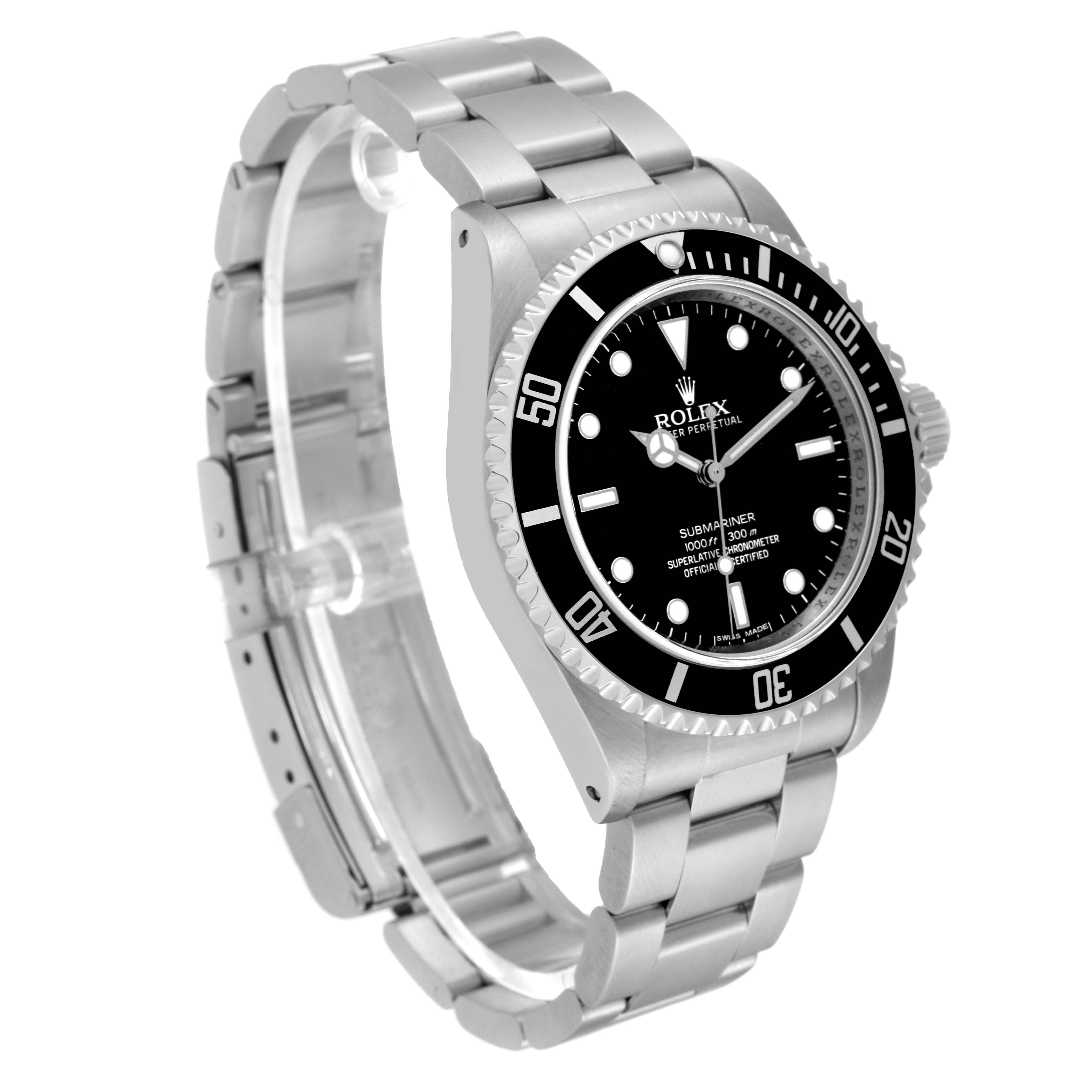 The image shows a Rolex Submariner 14060M Men
s Stainless Steel Black Dial 14060M Men
s Stainless Steel Black Dial watch, focusing on the front with an angled view of the band and clasp.