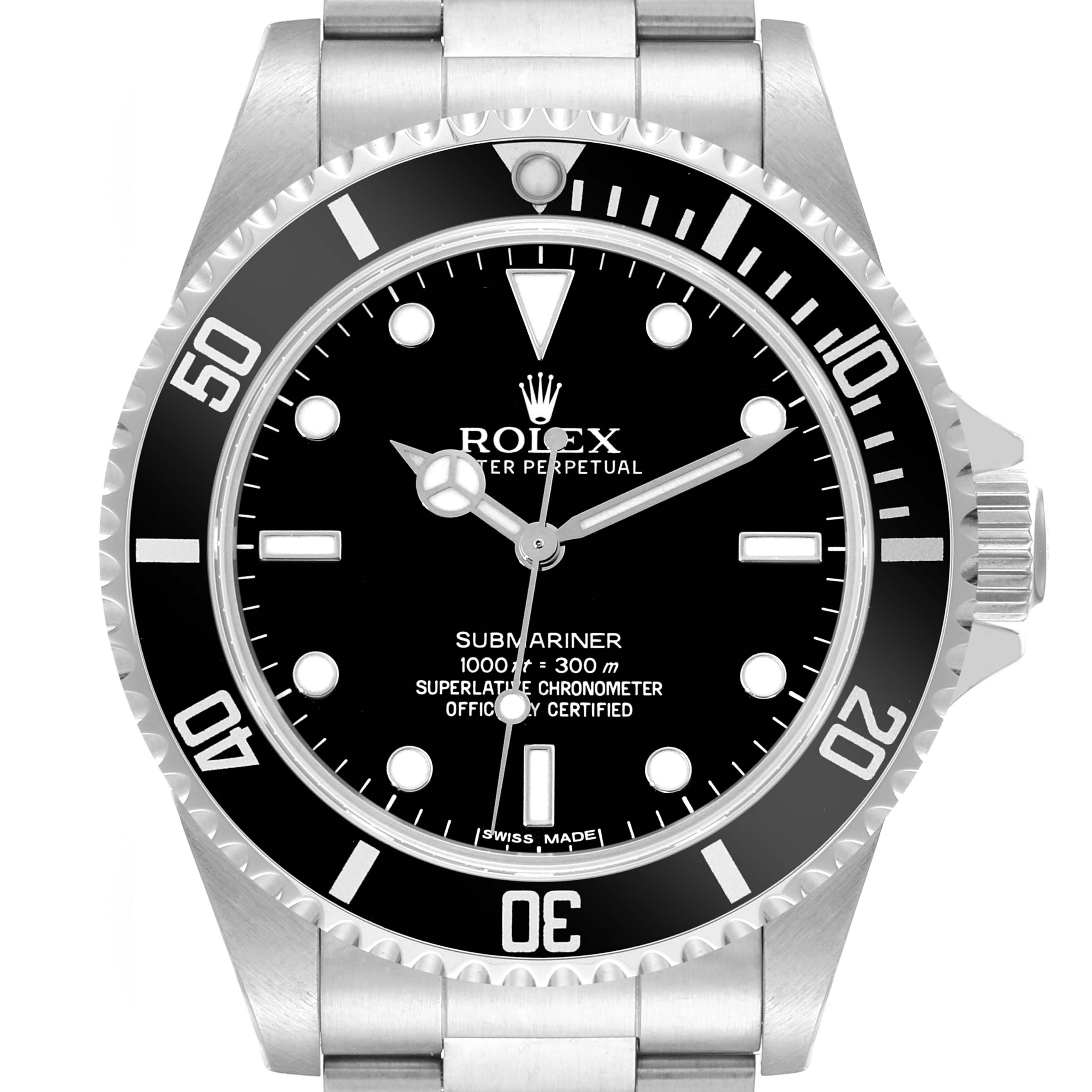 The image shows a front view of a Rolex Submariner 14060M Men
s Stainless Steel Black Dial 14060M Men
s Stainless Steel Black Dial, highlighting its bezel, dial, and part of the bracelet.