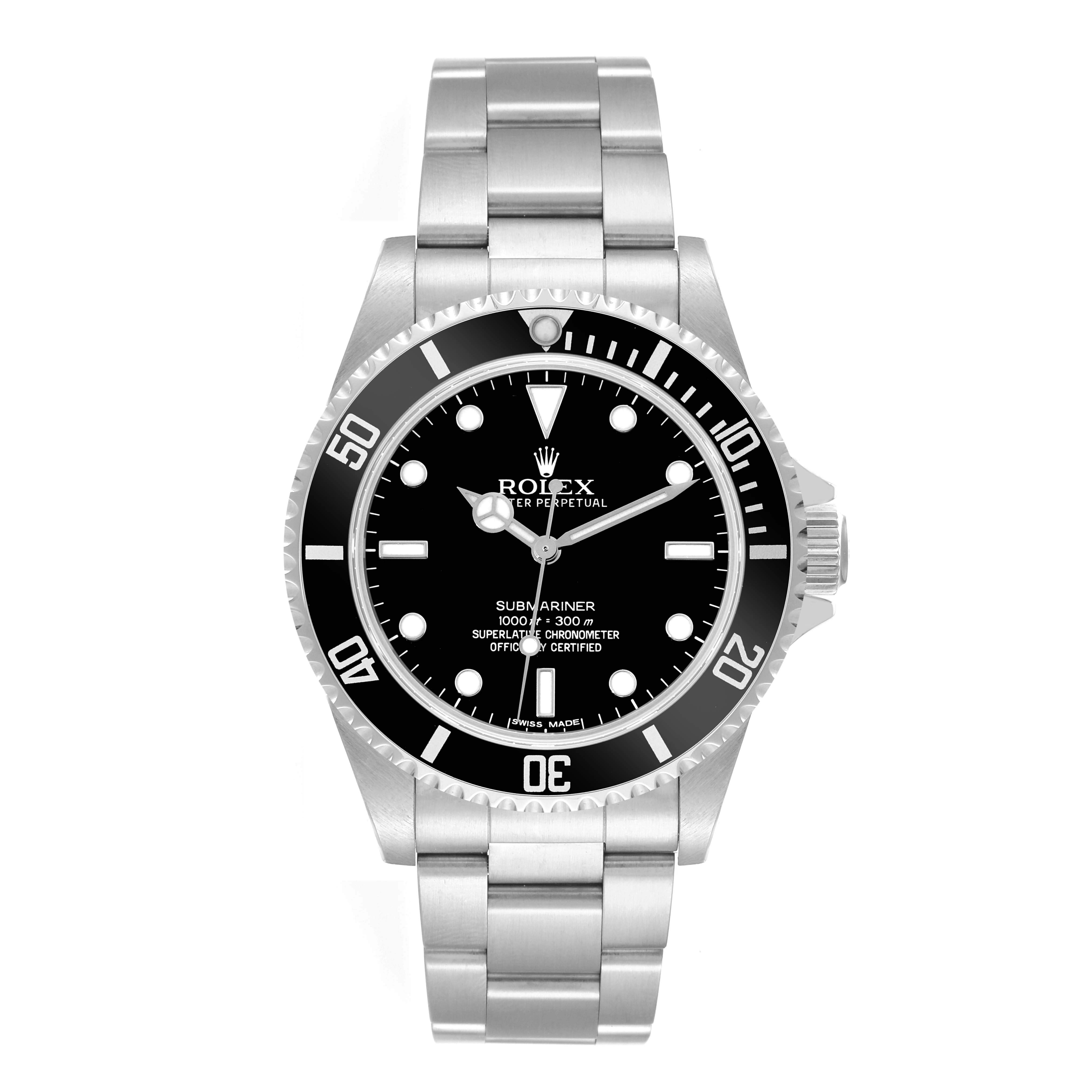 The image shows a front view of a Rolex Submariner 14060M Men
s Stainless Steel Black Dial 14060M Men
s Stainless Steel Black Dial watch, displaying the dial, bezel, and stainless steel bracelet.