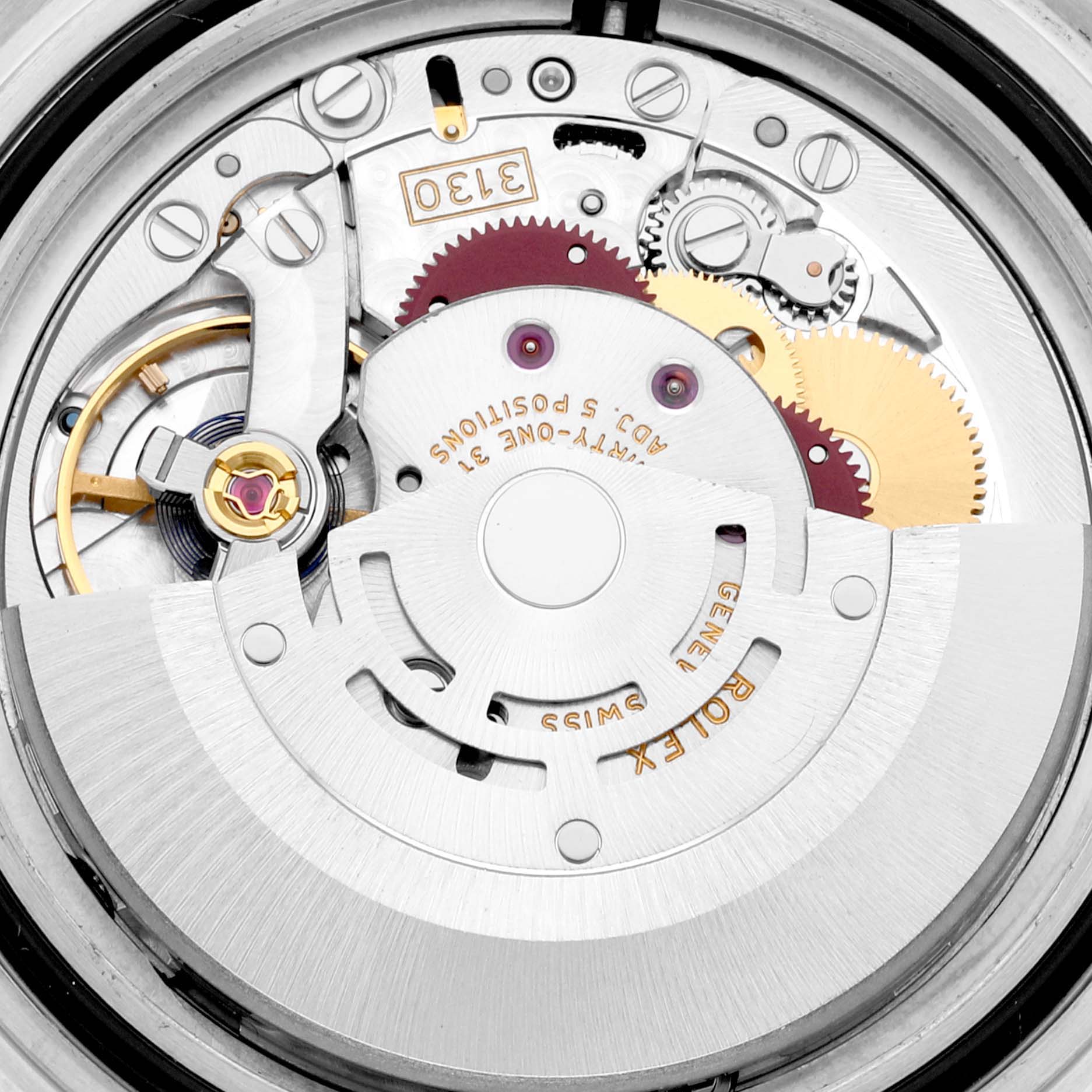 The image shows a close-up view of the Rolex Submariner 14060M Men
s Stainless Steel Black Dial 14060M Men
s Stainless Steel Black Dial
s movement, highlighting its intricate internal components and mechanics.