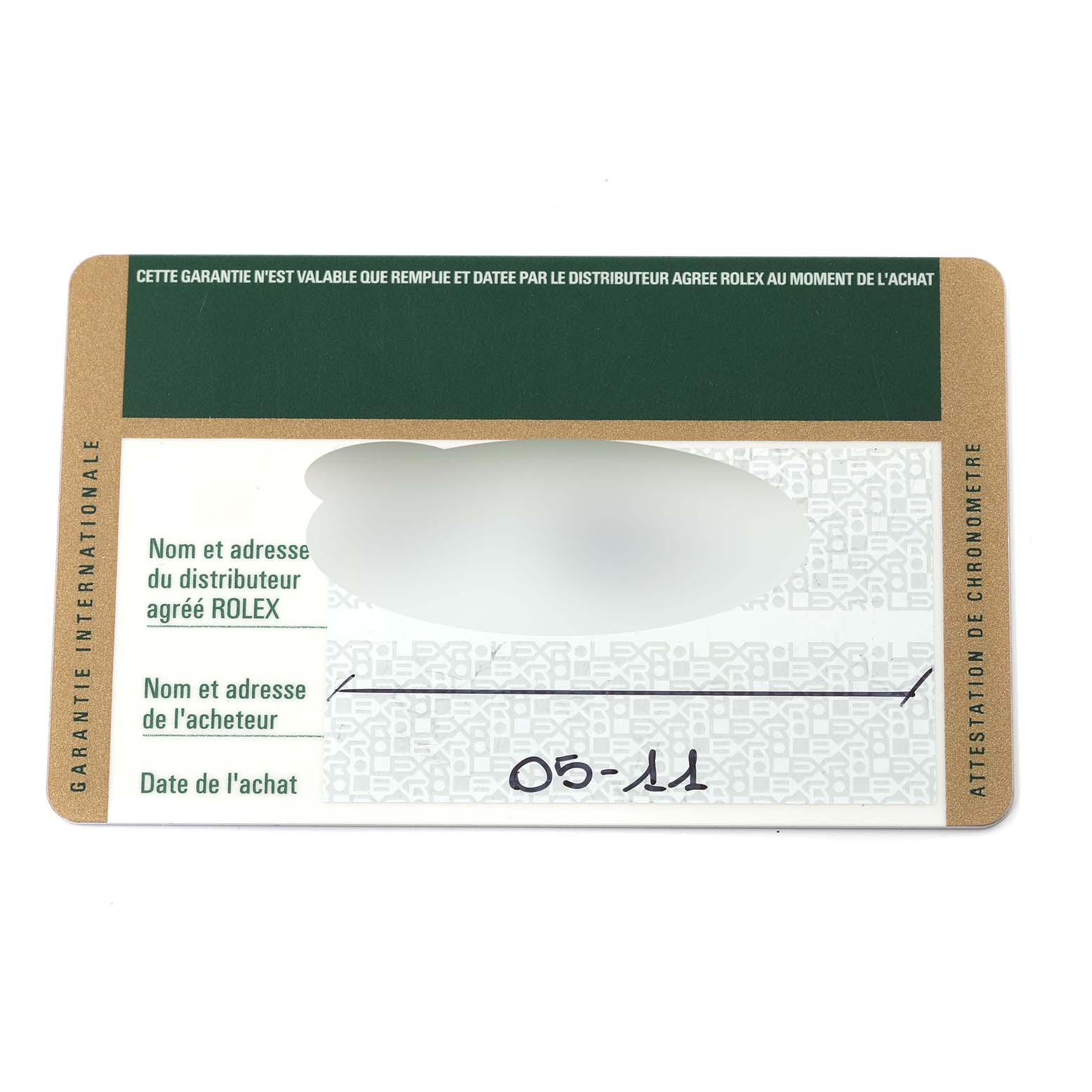 This image shows the warranty card for a Rolex Submariner 14060M Men
s Stainless Steel Black Dial 14060M Men
s Stainless Steel Black Dial, displaying purchase details and certification.