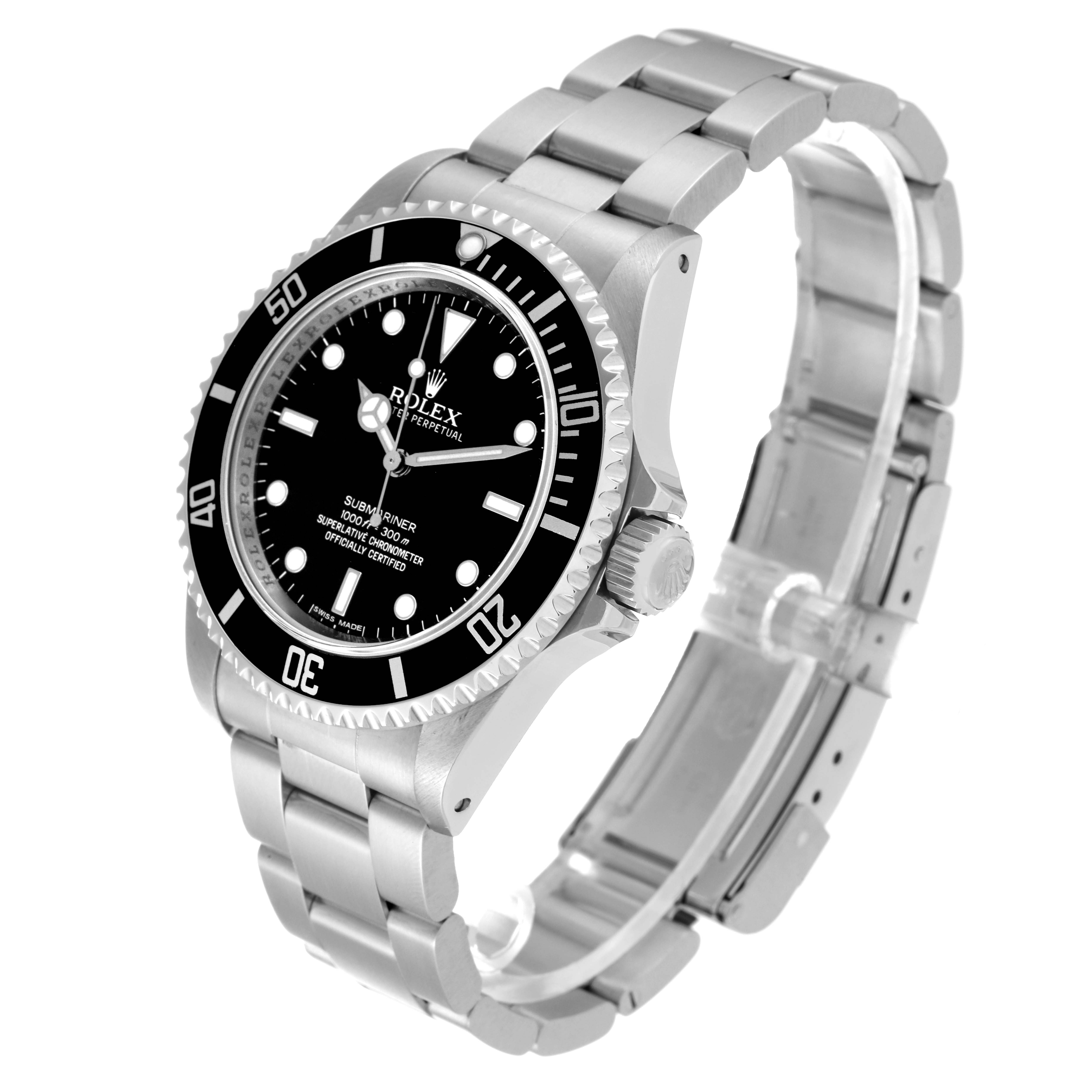 The image shows a side and top view of a Rolex Submariner 14060M Men
s Stainless Steel Black Dial 14060M Men
s Stainless Steel Black Dial watch, highlighting the dial, bezel, and metal bracelet.