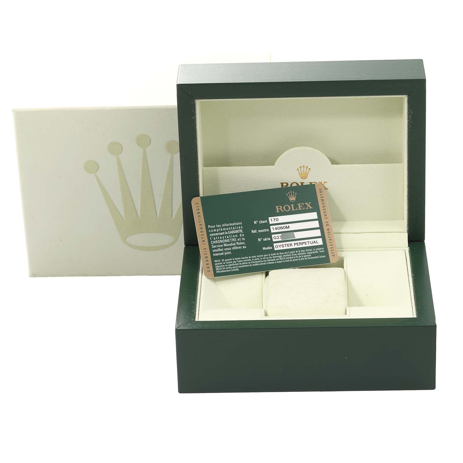 This image shows the packaging and Best Quality
ity card for a Rolex Submariner 14060M Men
s Stainless Steel Black Dial 14060M Men
s Stainless Steel Black Dial watch, with the box lid open.