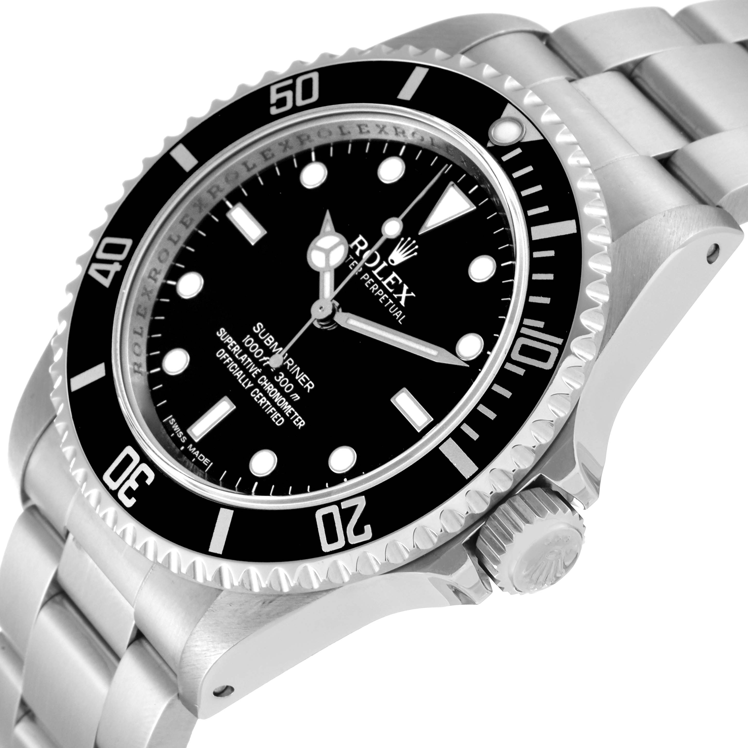 The image shows a close-up angle of a Rolex Submariner 14060M Men
s Stainless Steel Black Dial 14060M Men
s Stainless Steel Black Dial watch highlighting the dial, bezel, crown, and stainless steel bracelet.