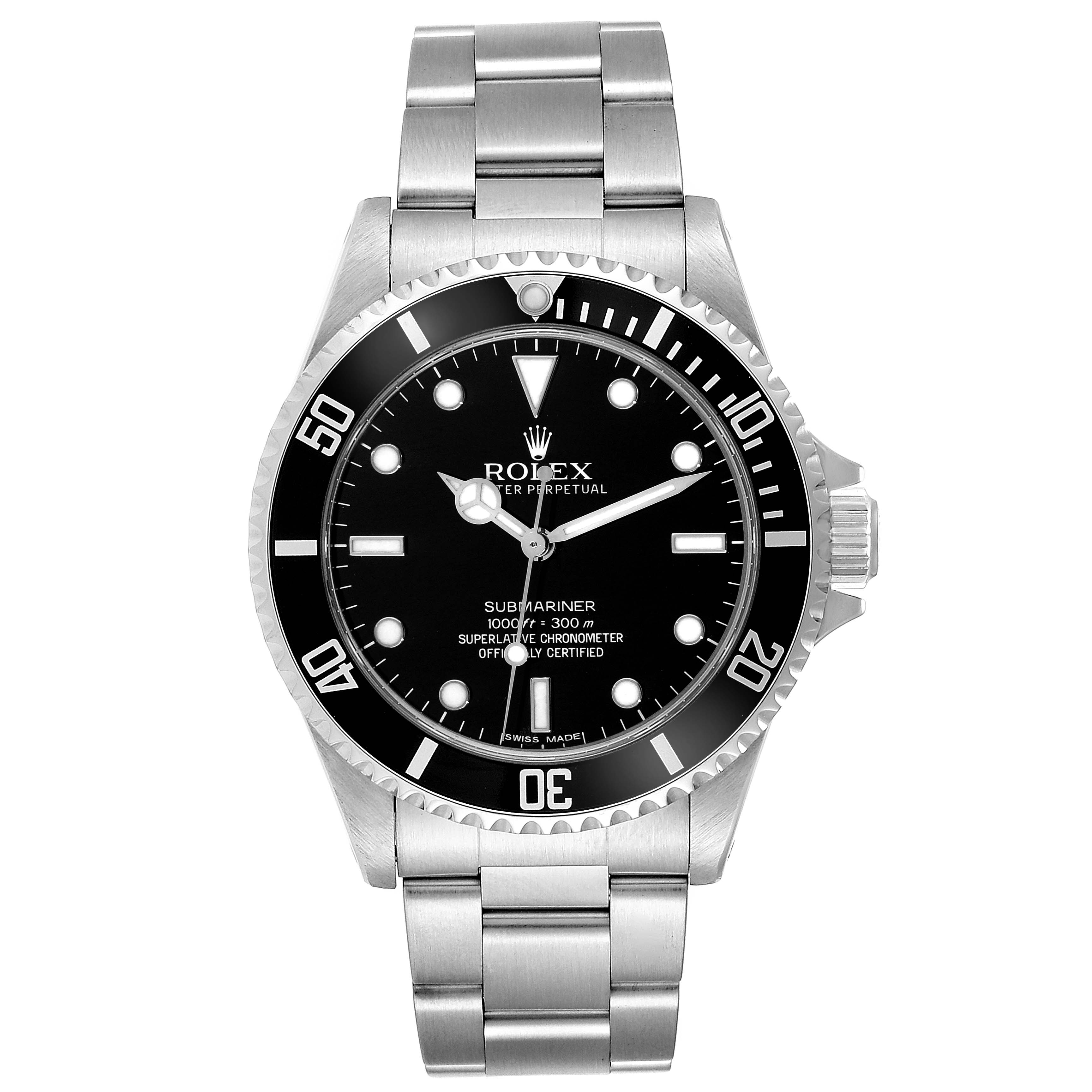 The Rolex Submariner 14060M Men's Stainless Steel Black Dial 14060M Men's Stainless Steel Black Dial watch is shown from a front angle, displaying its dial, bezel, and bracelet.