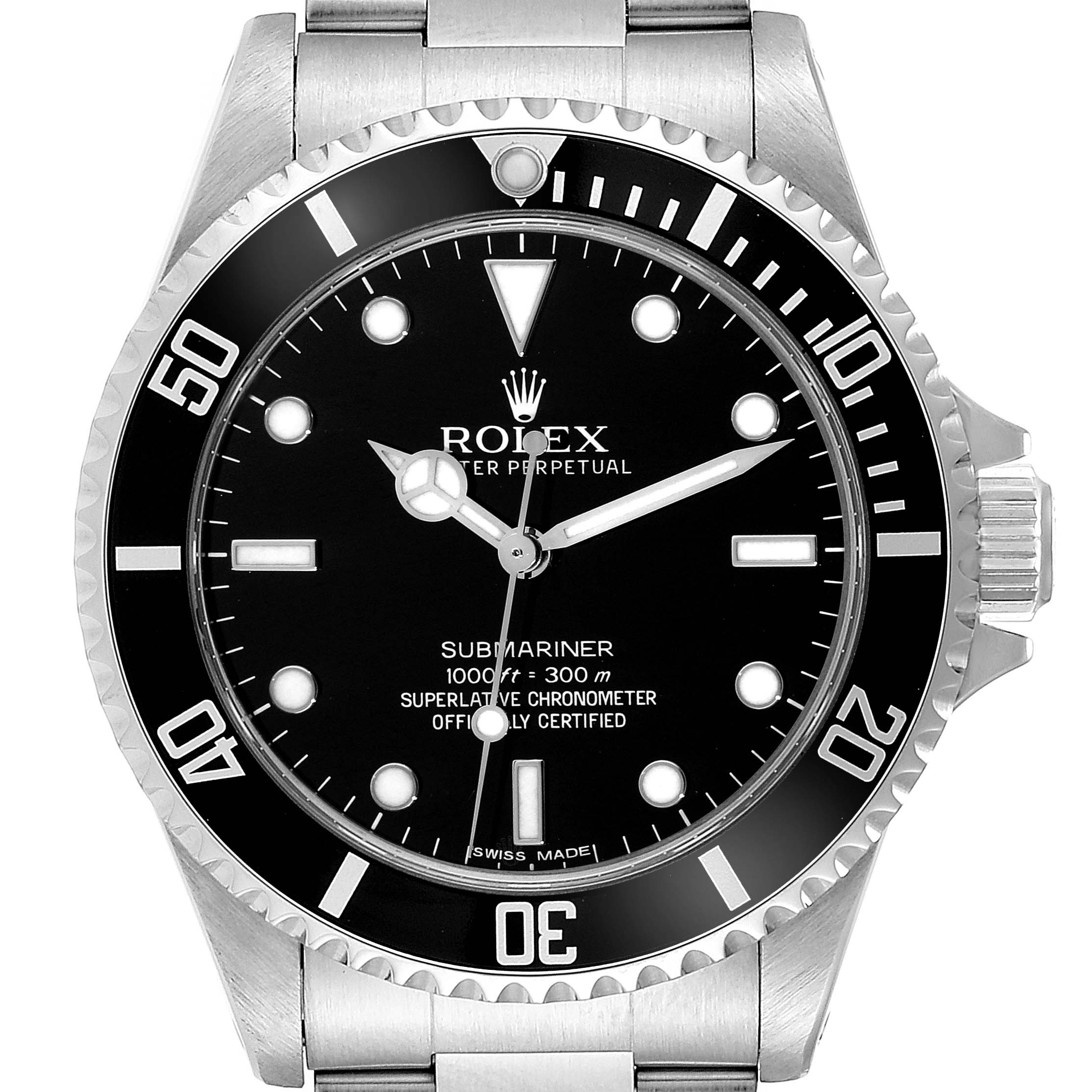 The image shows a front view of a Rolex Submariner 14060M Men's Stainless Steel Black Dial 14060M Men's Stainless Steel Black Dial watch, displaying its dial, hands, bezel, and part of the bracelet.