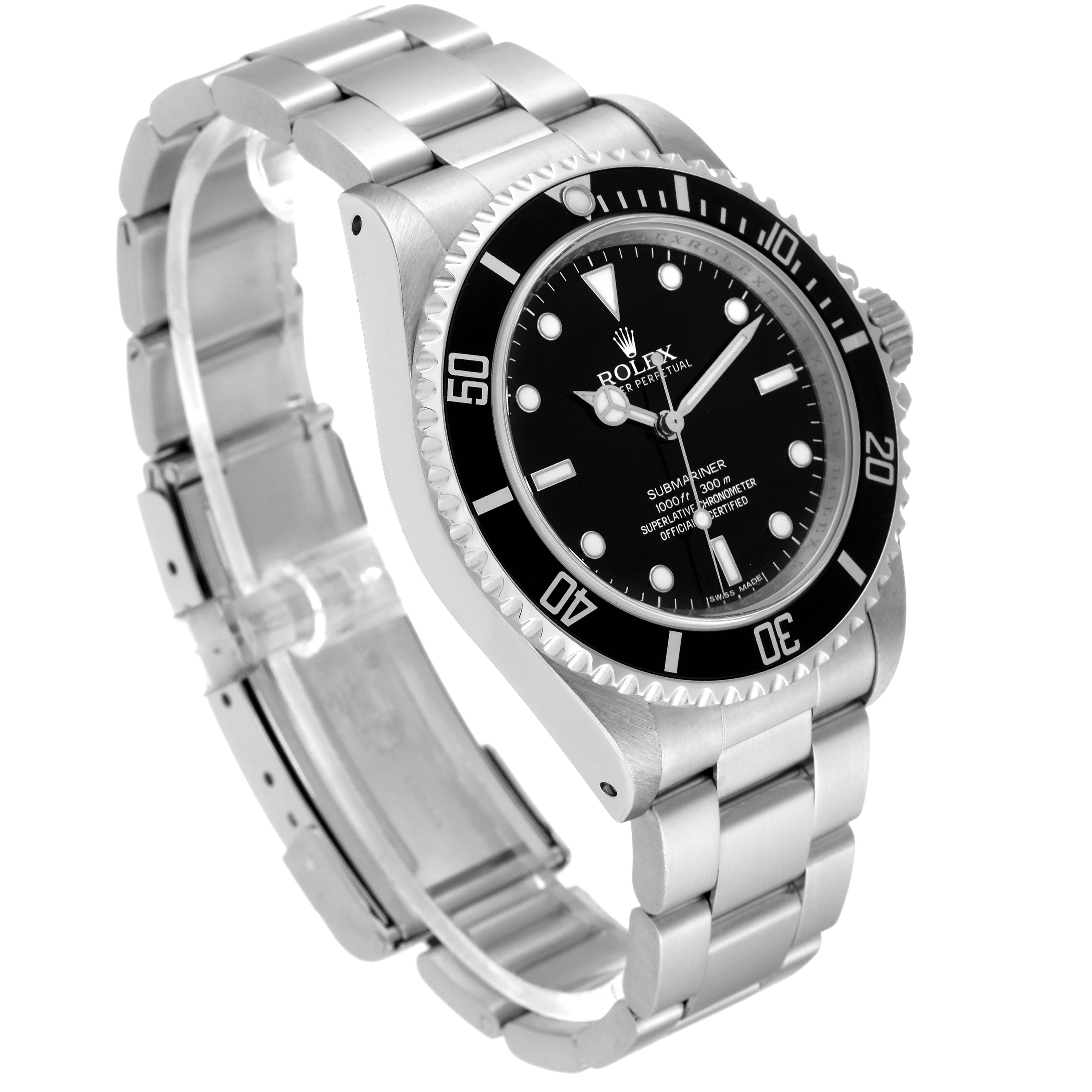 The image shows a side angle of a Rolex Submariner 14060M Men's Stainless Steel Black Dial 14060M Men's Stainless Steel Black Dial watch, displaying the bracelet, dial, and bezel clearly.