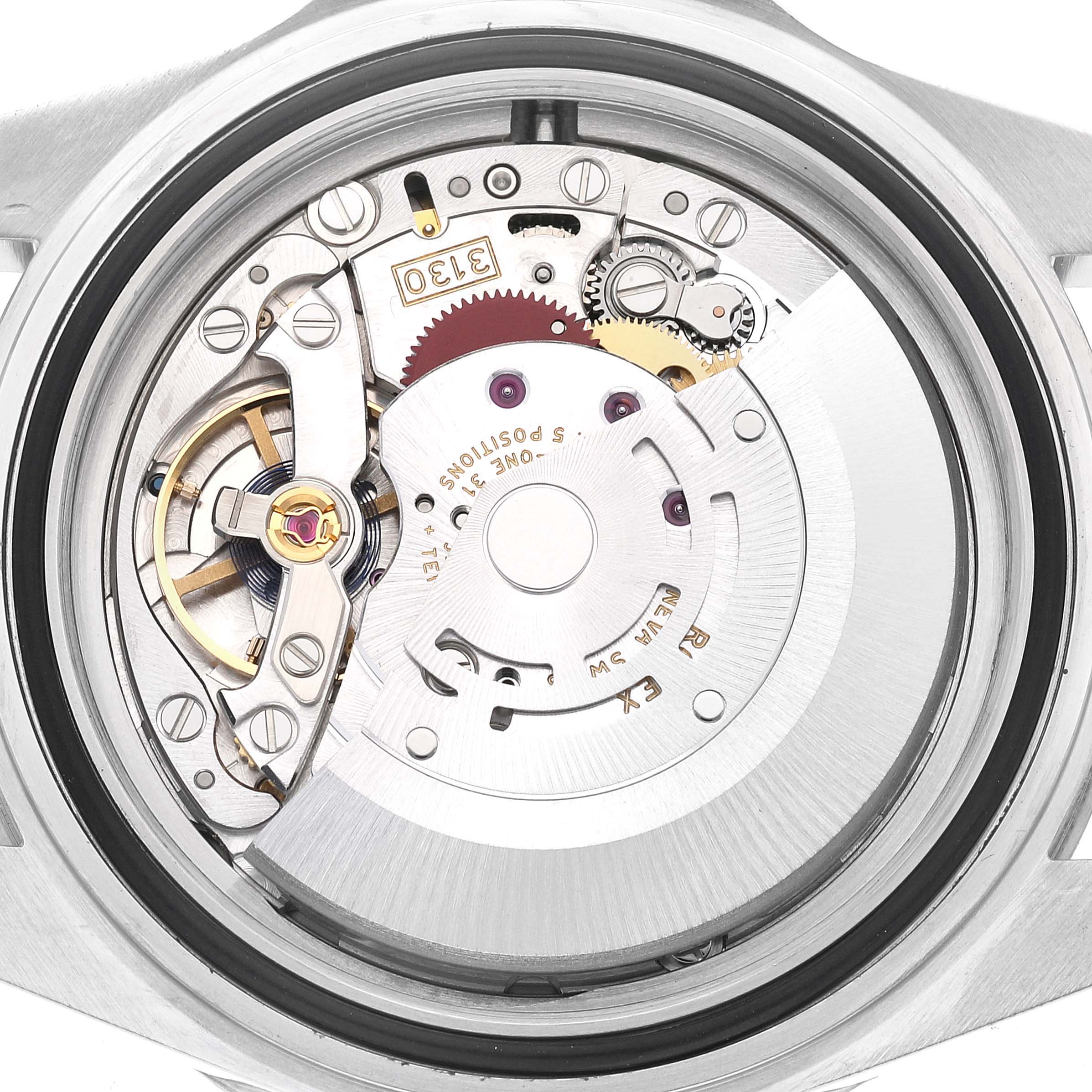 This image shows the intricate internal movement of a Rolex Submariner 14060M Men's Stainless Steel Black Dial 14060M Men's Stainless Steel Black Dial watch from a rear angle without its case back.