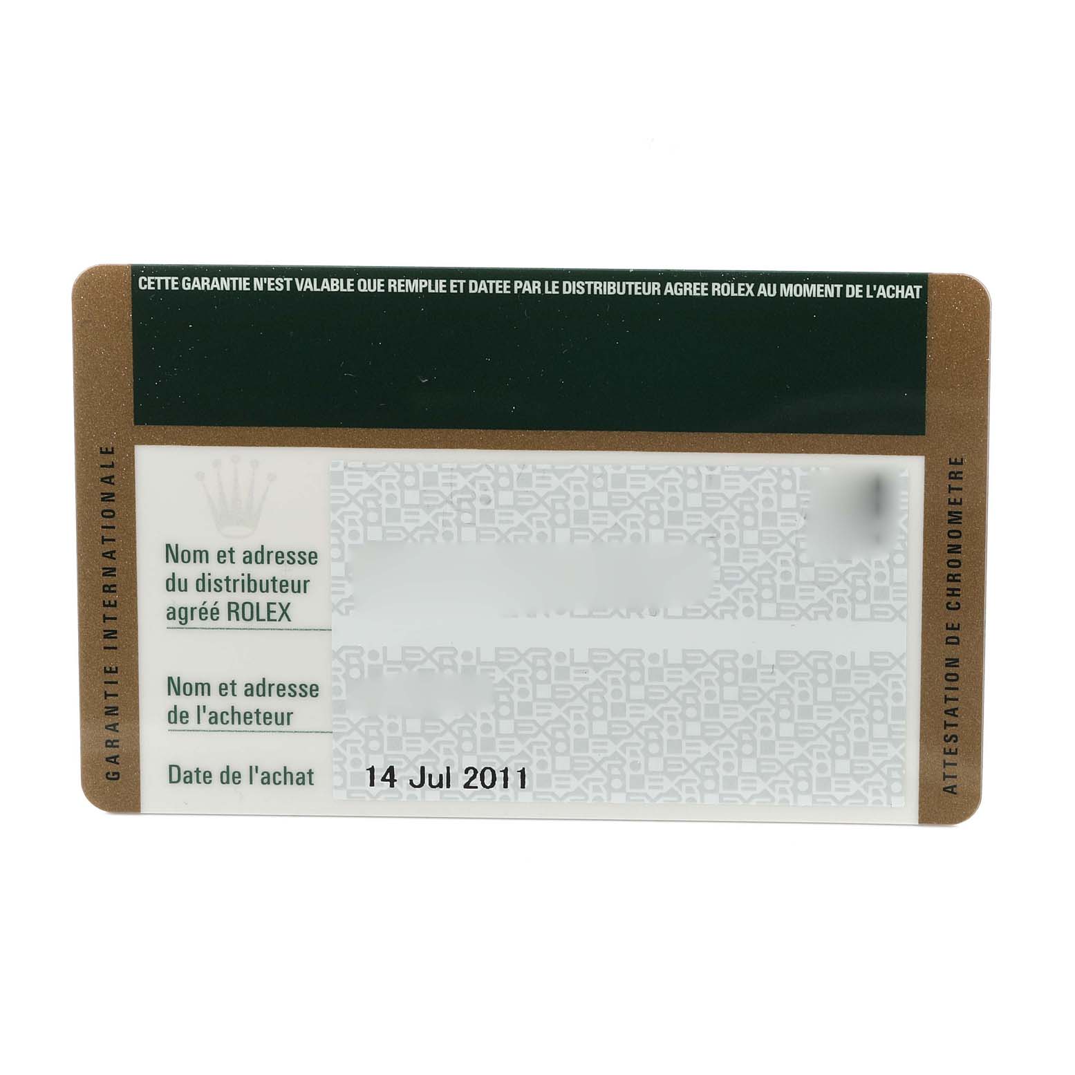 This image shows the front view of the warranty card for a Rolex Submariner 14060M Men's Stainless Steel Black Dial 14060M Men's Stainless Steel Black Dial, dated July 14, 2011.