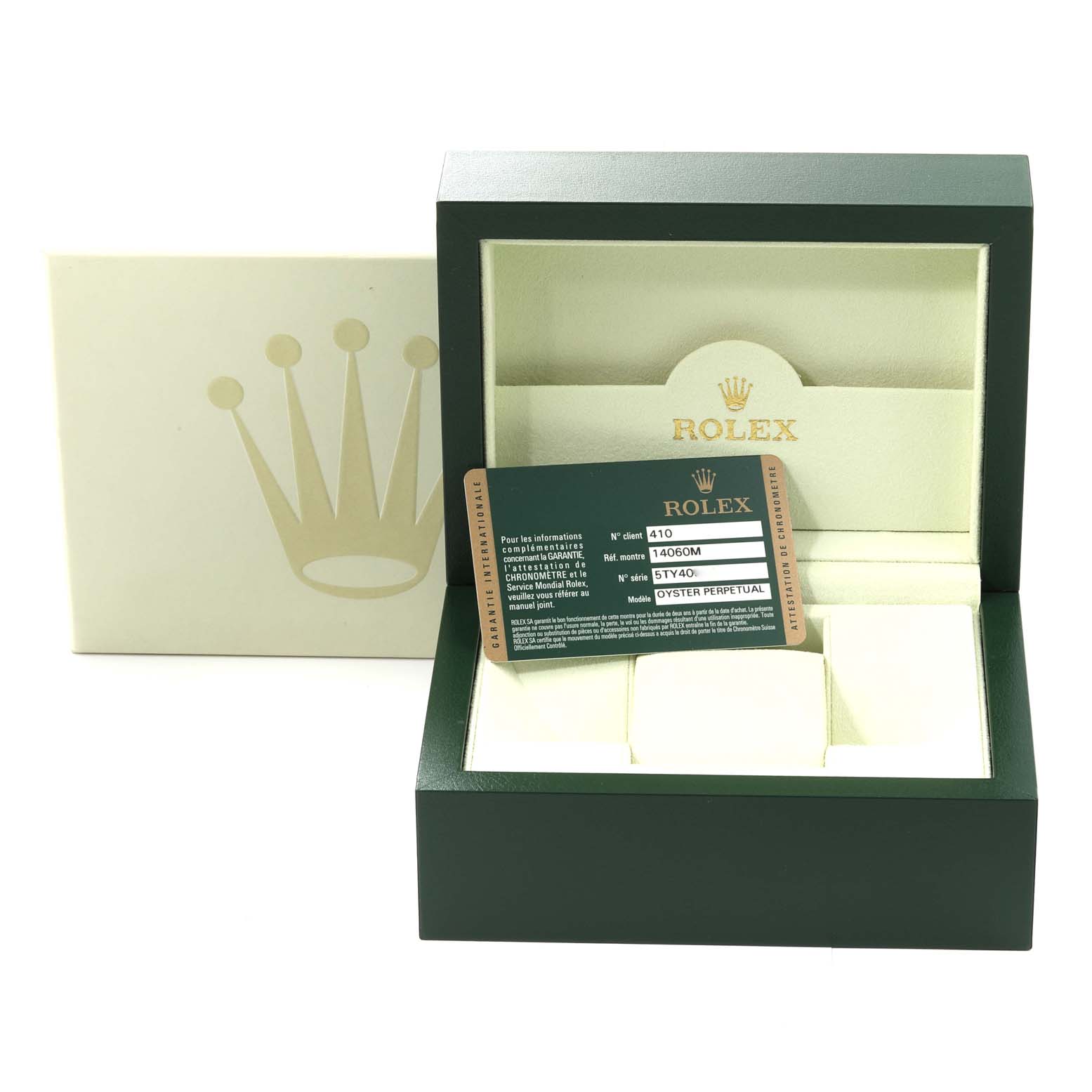 The image shows a Rolex Submariner 14060M Men's Stainless Steel Black Dial 14060M Men's Stainless Steel Black Dial watch box and an authentication card from a front angle.