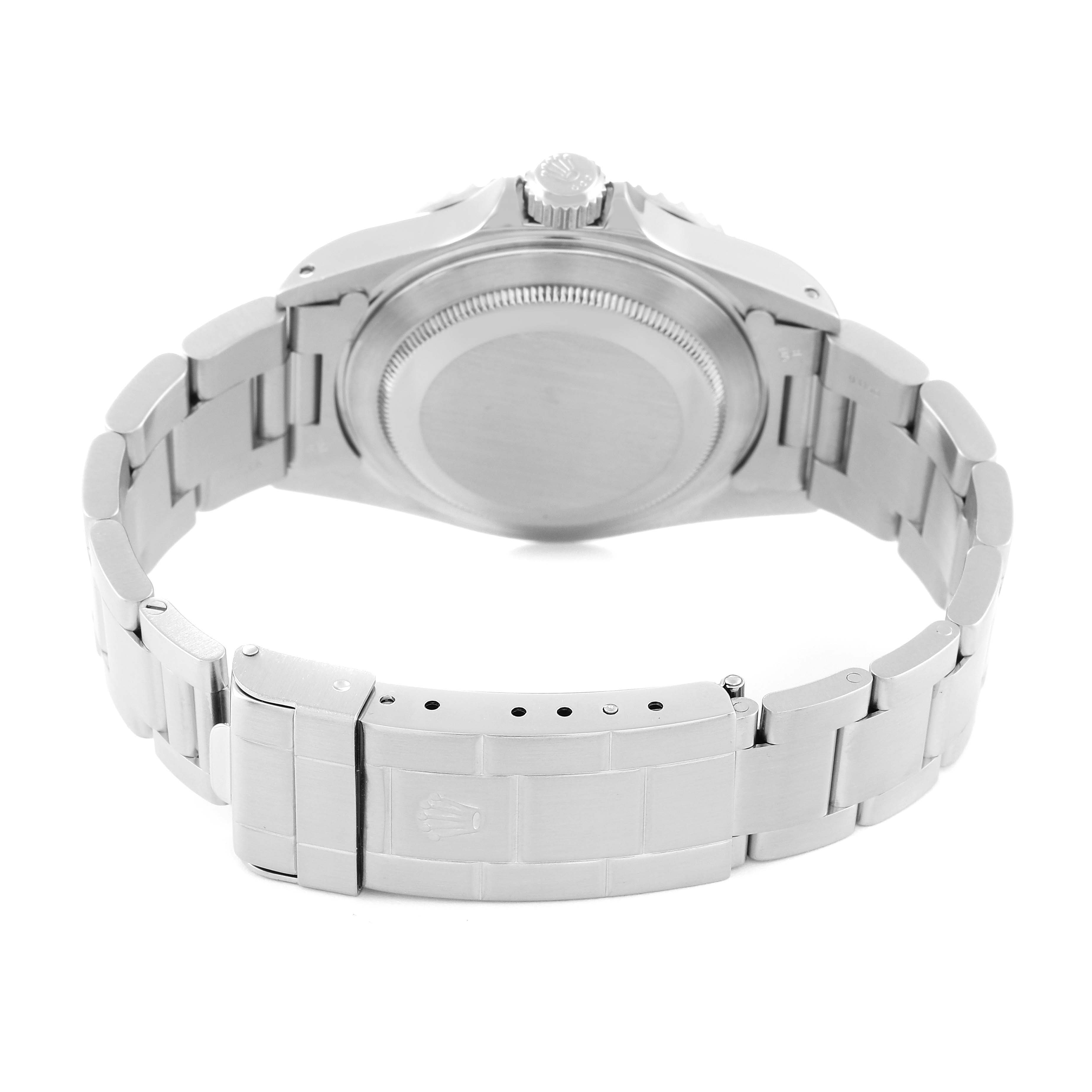 This image shows the back view of a Rolex Submariner 14060M Men's Stainless Steel Black Dial 14060M Men's Stainless Steel Black Dial, including the case back, crown, and bracelet with clasp.