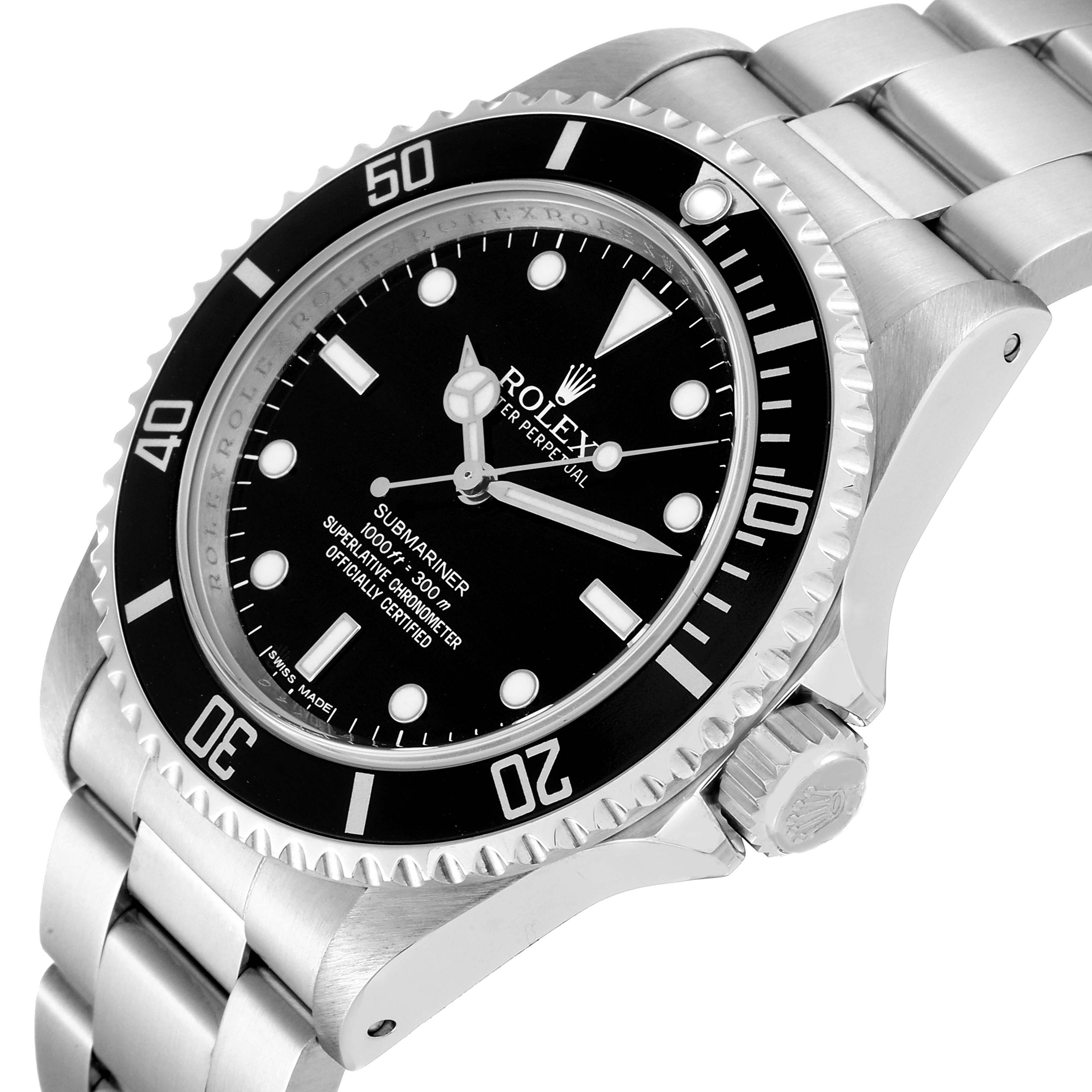 This image shows a Rolex Submariner 14060M Men's Stainless Steel Black Dial 14060M Men's Stainless Steel Black Dial watch at a slight angle, highlighting the bezel, dial, crown, and bracelet.