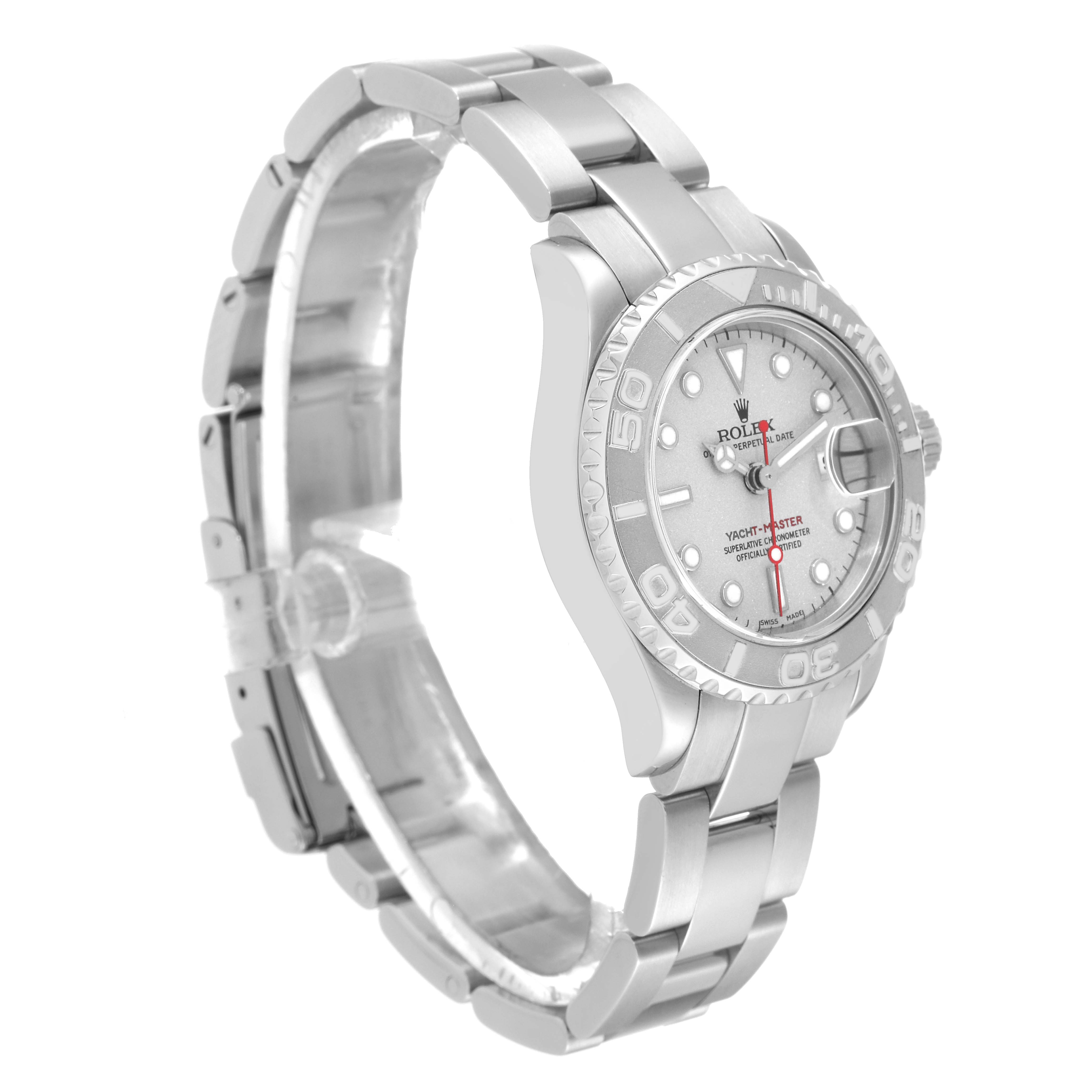 The image shows a side angle of a Rolex Yacht-Master 169622 Women's Stainless Steel Silver Dial 169622 Women's Stainless Steel Silver Dial watch, highlighting the bezel, face, bracelet, and clasp.