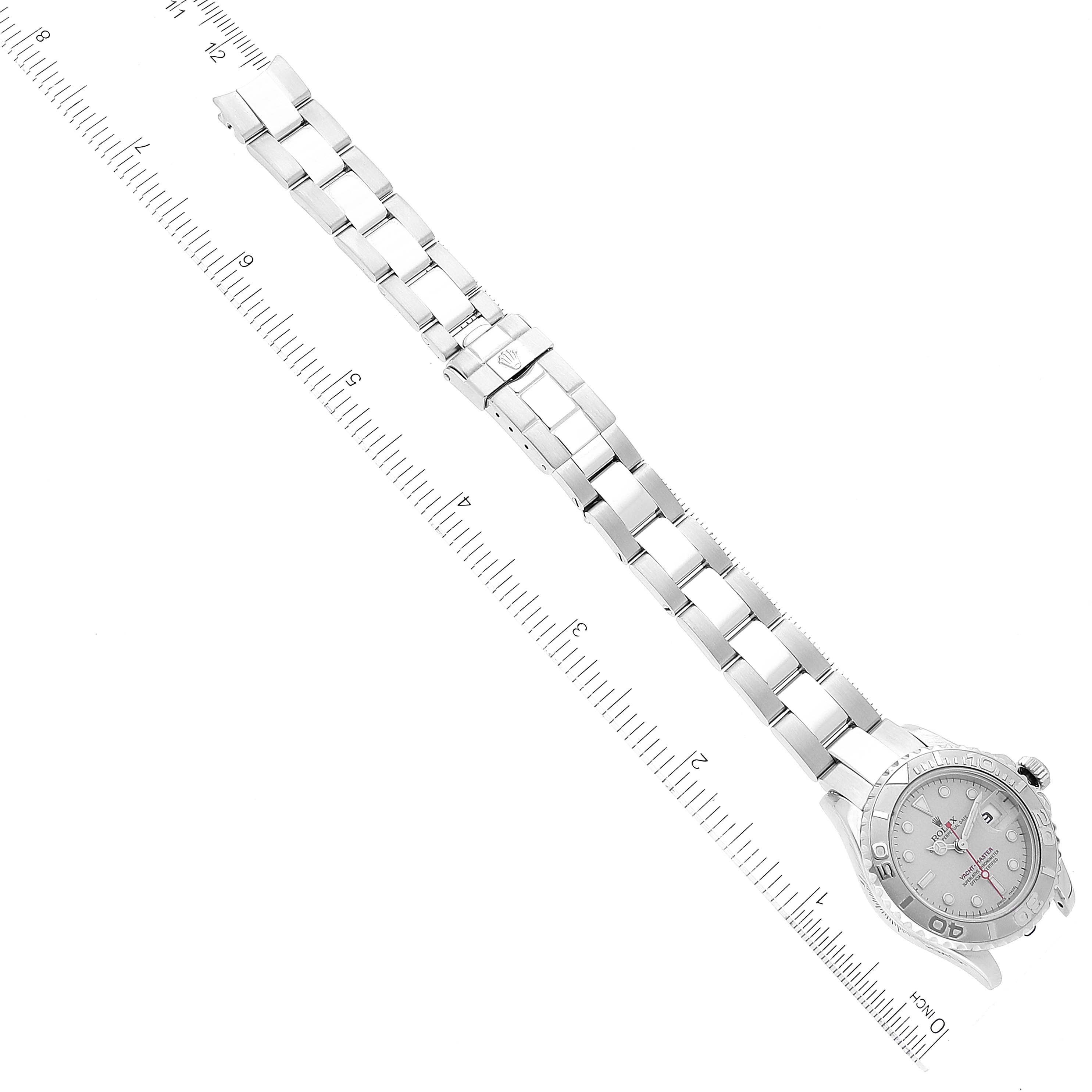 The image shows a top-down view of a Rolex Yacht-Master 169622 Women's Stainless Steel Silver Dial 169622 Women's Stainless Steel Silver Dial watch, displaying its full bracelet and watch face.