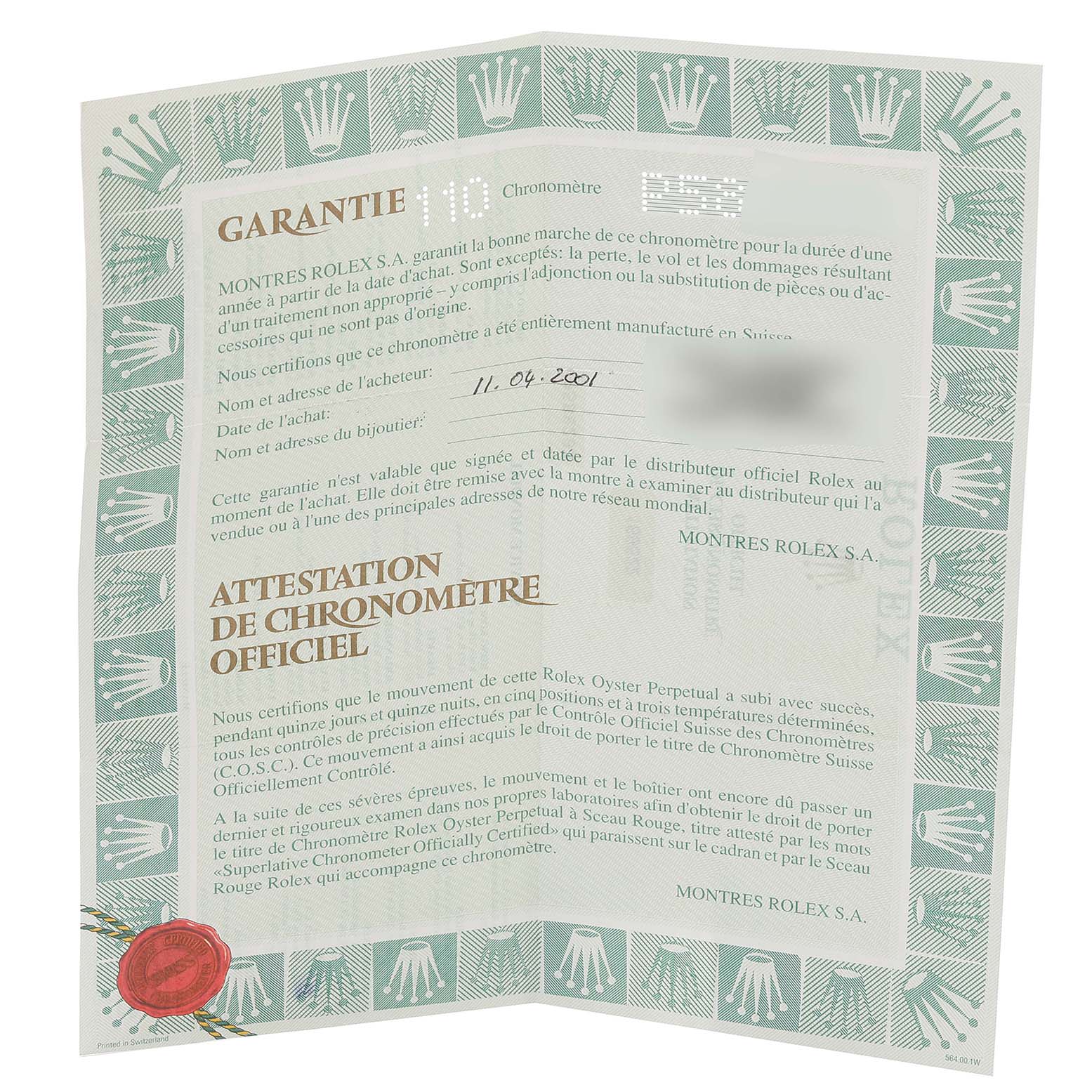 This image shows a warranty certificate for a Rolex Yacht-Master 169622 Women's Stainless Steel Silver Dial 169622 Women's Stainless Steel Silver Dial watch, with text and branding clearly displayed.