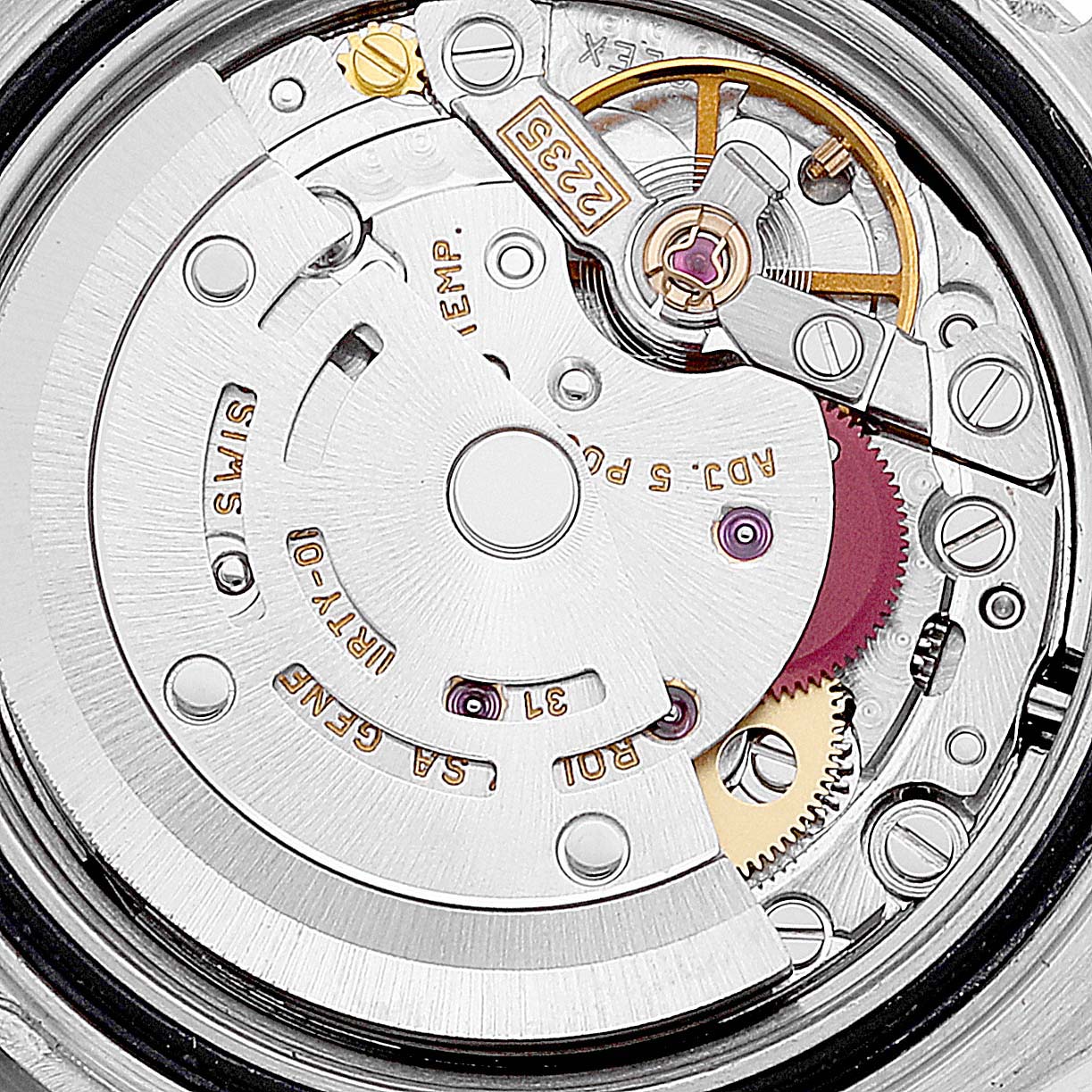 This image shows the intricate internal mechanism of the Rolex Yacht-Master 169622 Women's Stainless Steel Silver Dial 169622 Women's Stainless Steel Silver Dial watch, viewed from the back.