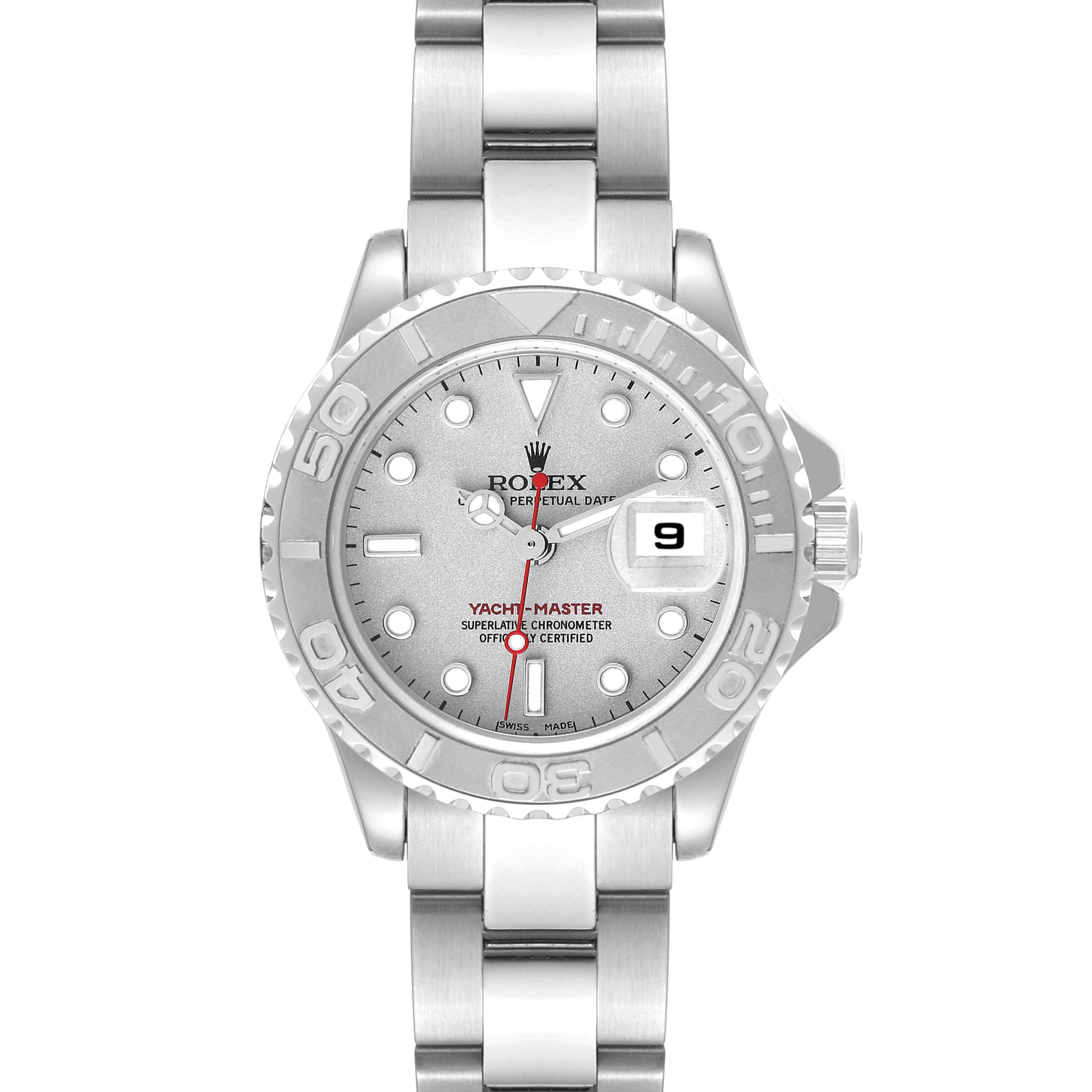This image shows a top-down view of the Rolex Yacht-Master 169622 Women's Stainless Steel Silver Dial 169622 Women's Stainless Steel Silver Dial watch, highlighting its face, bezel, and bracelet.