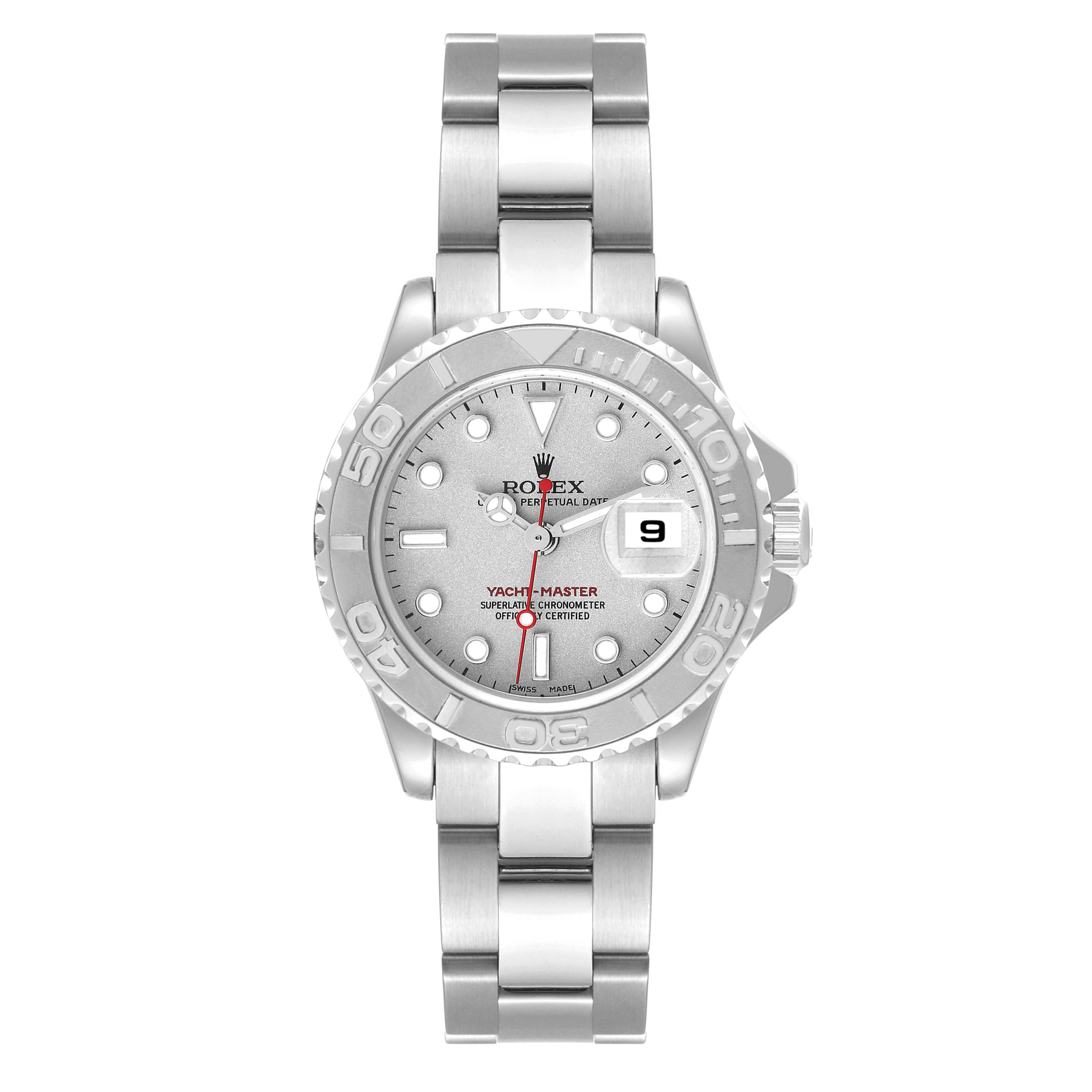 The Rolex Yacht-Master 169622 Women's Stainless Steel Silver Dial 169622 Women's Stainless Steel Silver Dial watch is shown from a frontal angle, highlighting the dial, bezel, bracelet, and date window.