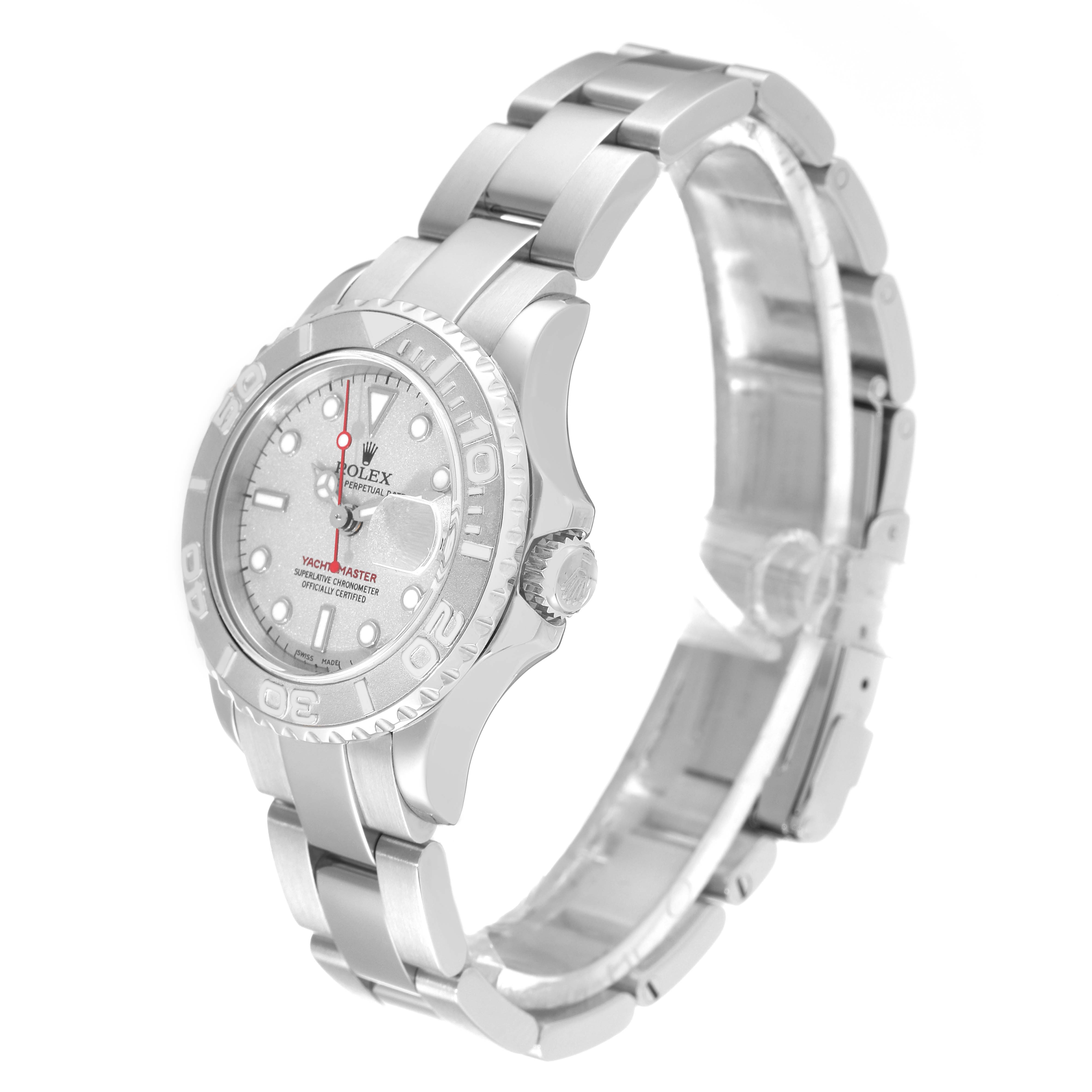The image shows a Rolex Yacht-Master 169622 Women's Stainless Steel Silver Dial 169622 Women's Stainless Steel Silver Dial watch from an angled side view, displaying its face, bezel, and bracelet.