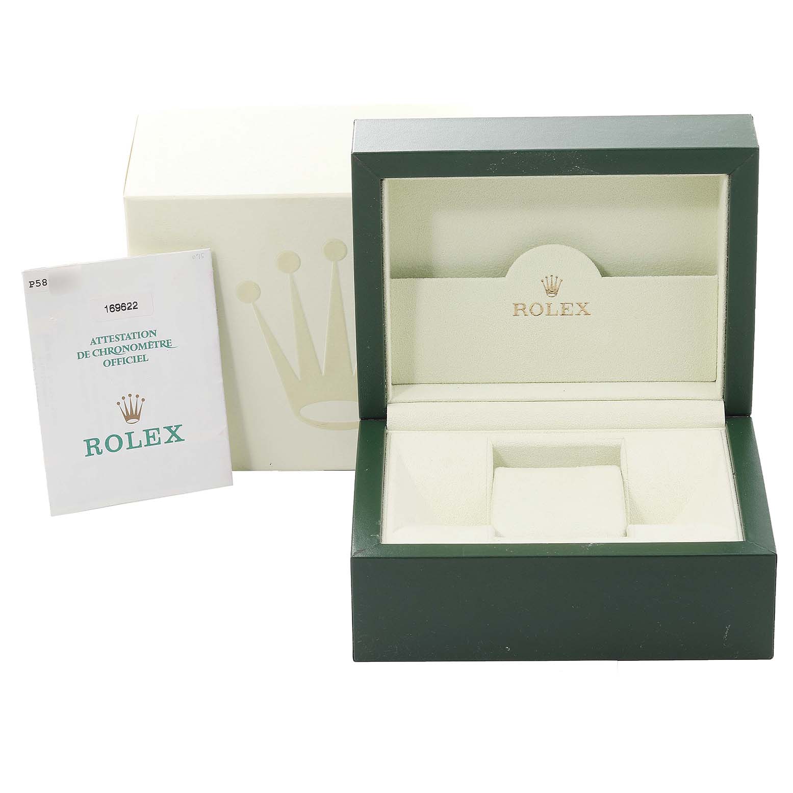 The image shows a Rolex Yacht-Master 169622 Women's Stainless Steel Silver Dial 169622 Women's Stainless Steel Silver Dial watch box, its inner case, and official chronometer certification.