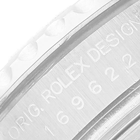 The image shows a close-up of the side engraving on a Rolex Yacht-Master 169622 Women's Stainless Steel Silver Dial 169622 Women's Stainless Steel Silver Dial watch bezel.