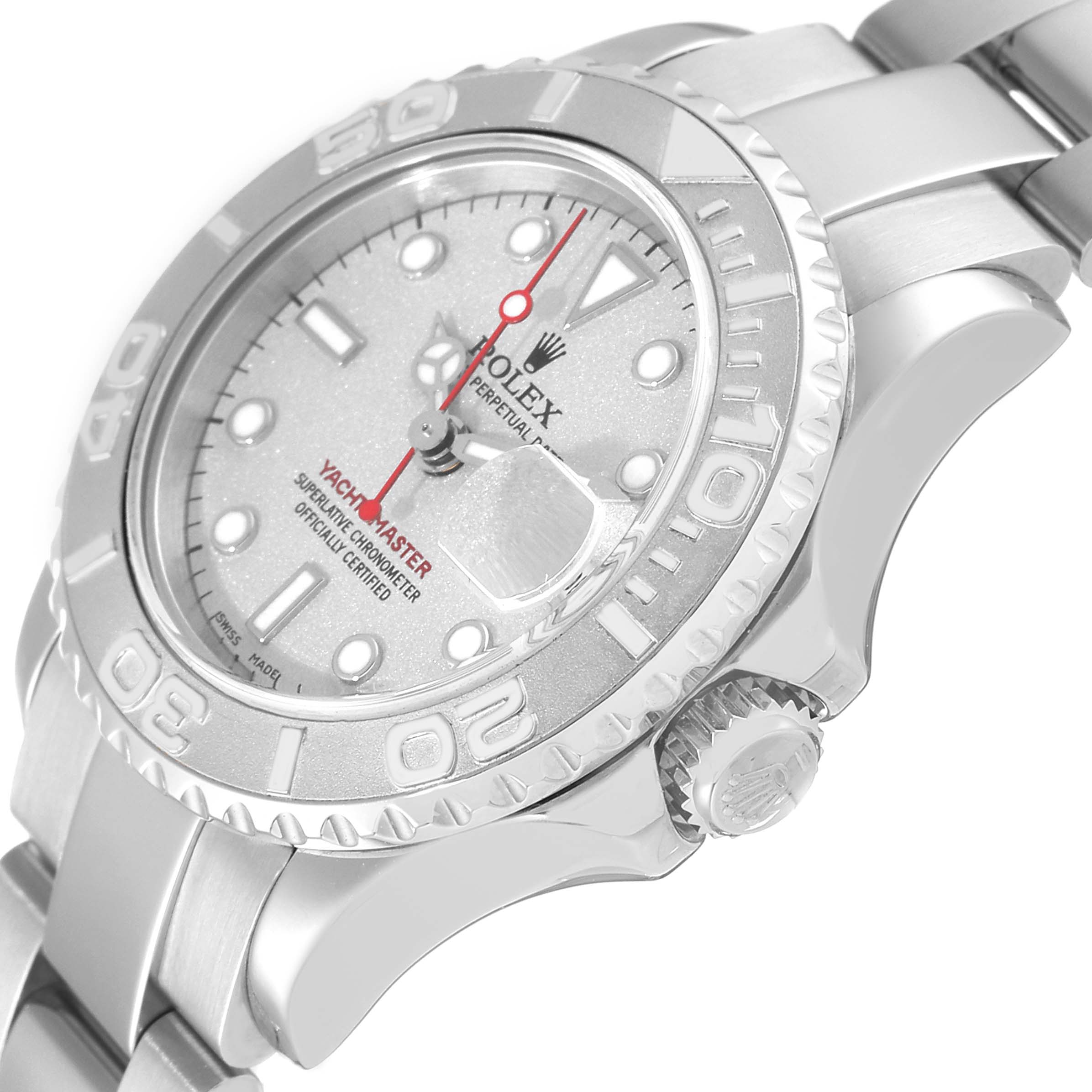 This image shows a close-up of the Rolex Yacht-Master 169622 Women's Stainless Steel Silver Dial 169622 Women's Stainless Steel Silver Dial watch from an angled side view, highlighting the dial, bezel, and part of the bracelet.