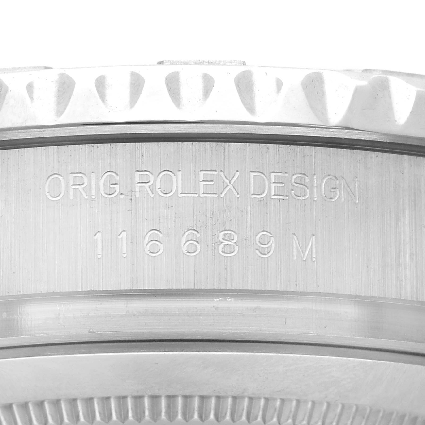 The image shows a close-up of the case side of a Rolex Yacht-Master 116689 Men's Stainless Steel White Dial 116689 Men's Stainless Steel White Dial watch, featuring the model number 116689M and the inscription "ORIG. ROLEX DESIGN."