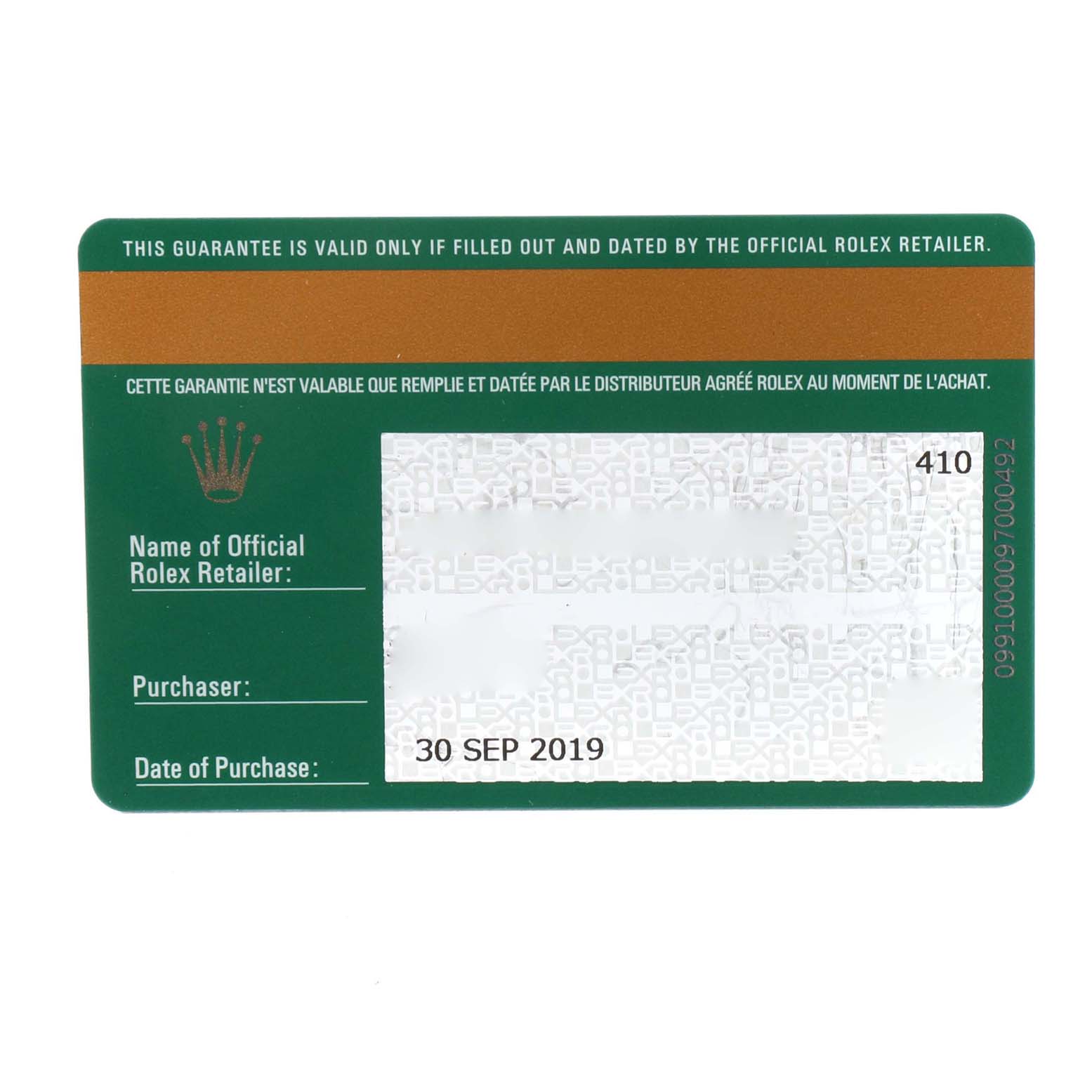 The image shows the guarantee card for a Rolex Yacht-Master 116689 Men's Stainless Steel White Dial 116689 Men's Stainless Steel White Dial watch, providing retailer, purchaser, and purchase date information.